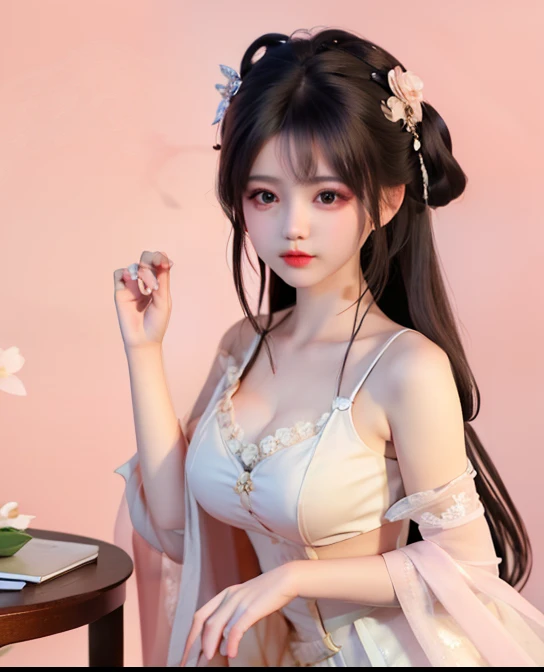 best quality, Delicate face,beautiful visual work, lifelike, eternity, black hair, Long curly hair, blunt bangs, Smile, Detailed Background, Delicate face,pink blush,cold,((masterpiece))、(top quality)、8k、high detail、Super detailed,21 years old female,Wearing the costume of a Tang Dynasty maid、Clothes are light and fluffy,Hanfu, Wide sleeves, Seductive and whimsical style、masterpiece、born、Scenes resembling fairy tale illustrations、intricate details和複雜的設計、Beautifully、magic、capricious、 Beautifully、Dream aesthetics、「𝓡𝓸𝓶𝓪𝓷𝓽𝓲𝓬、ethereal、charming、fickle、magic」、realism、Visual effects、FXAA、SSAO、Shader、voiceless、ambient lighting、Tone mapping、High resolution、Ultra high quality、Million pixels、(8K resolution:1.10)、8k、8k以下、8K resolution、high detail、intricate details, (high quality:1.2、masterpiece:1.2、:1.21)、(21 years old female:1.21)、(興奮地Smile)、(Surrounded by a dreamy atmosphere、Model diagram,full-body shot,Normal 2 feet,Cross your hands and hide them in your sleeves,You can clearly see that her breasts are very big inside the clothes, Big ,Chest G cup