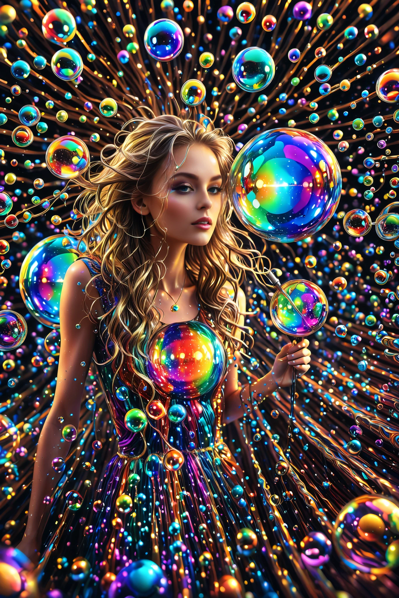 Extreme glow and shine reflect off glass orbs glass bubbles, in a room full of mirrors spheres full of fizzing neon colored liquid spill into reflective bubbles,and the mirrors reflect all the objects. Incorporate perfect symmetry and rotational symmetry. A psychedelic dream, vibrant colors shimmering, glass morphing from colors, intricate rainbow patterns twist in and out of objects while dripping into each other, perfectly formed symmetrical spheres and glowing reflective bubbles, extreme attention to detail on the bubbles and spheres, rainbows of color twist out of translucent orbs, spilled paint and spirals of swirling color in the background, beautiful psychedelic digital art, pixel art, neon colors, 4d mandelbulb psychedelics, glass-like psychedelic landscape, intricate rainbow environment, psychedelic underwater brightness, trails of color and light, bright fluorescent colors, psychedelic vibrant colors, bright psychedelic neon colors, colorful paint drips out of the bubbles, 3D glass spheres melting into each other spilling out colors, visually disorienting, hallucination inducing, optical illusions, startling, stunning images, awe-inspiringly, best quality wallpaper, pixel assets, portrait photography, surrealism, photorealistic, hyper detailed, glass morphism, digital art, sparkle, optical illusion, glowing light, reflection light, overexposure, god rays backlighting, depth of field, rotational symmetry, UHD, high details, high quality, super detailed, best quality, award winning, Masterpiece. Spheres reflecting light everywhere and it brings out images and optical illusions for the viewer's disorienting experience of looking at it. Super bright neon Colors.** incorporate bright neon green, neon blue, neon purple, neon yellow, &blood red**Extreme glow and shine reflect off