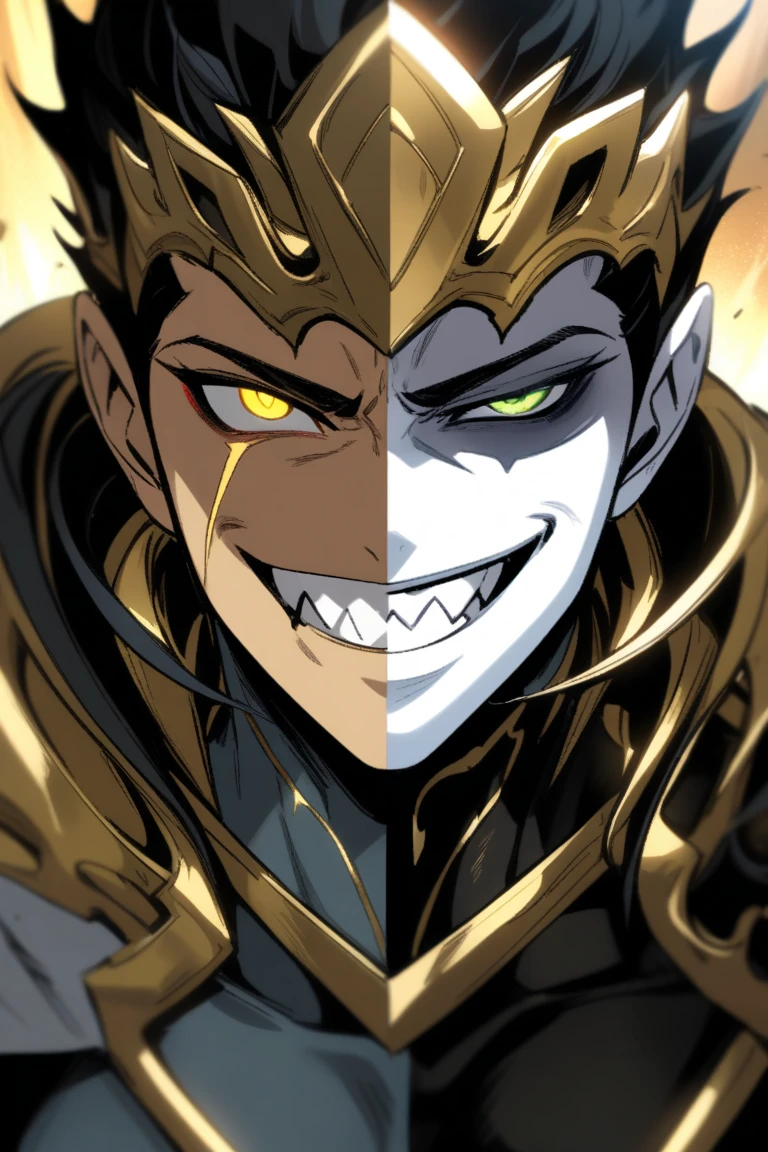 アニメ, best qualityer, white boy, Bblack hair, black eye color, black clothing, divinity, Shining eye, yelling 