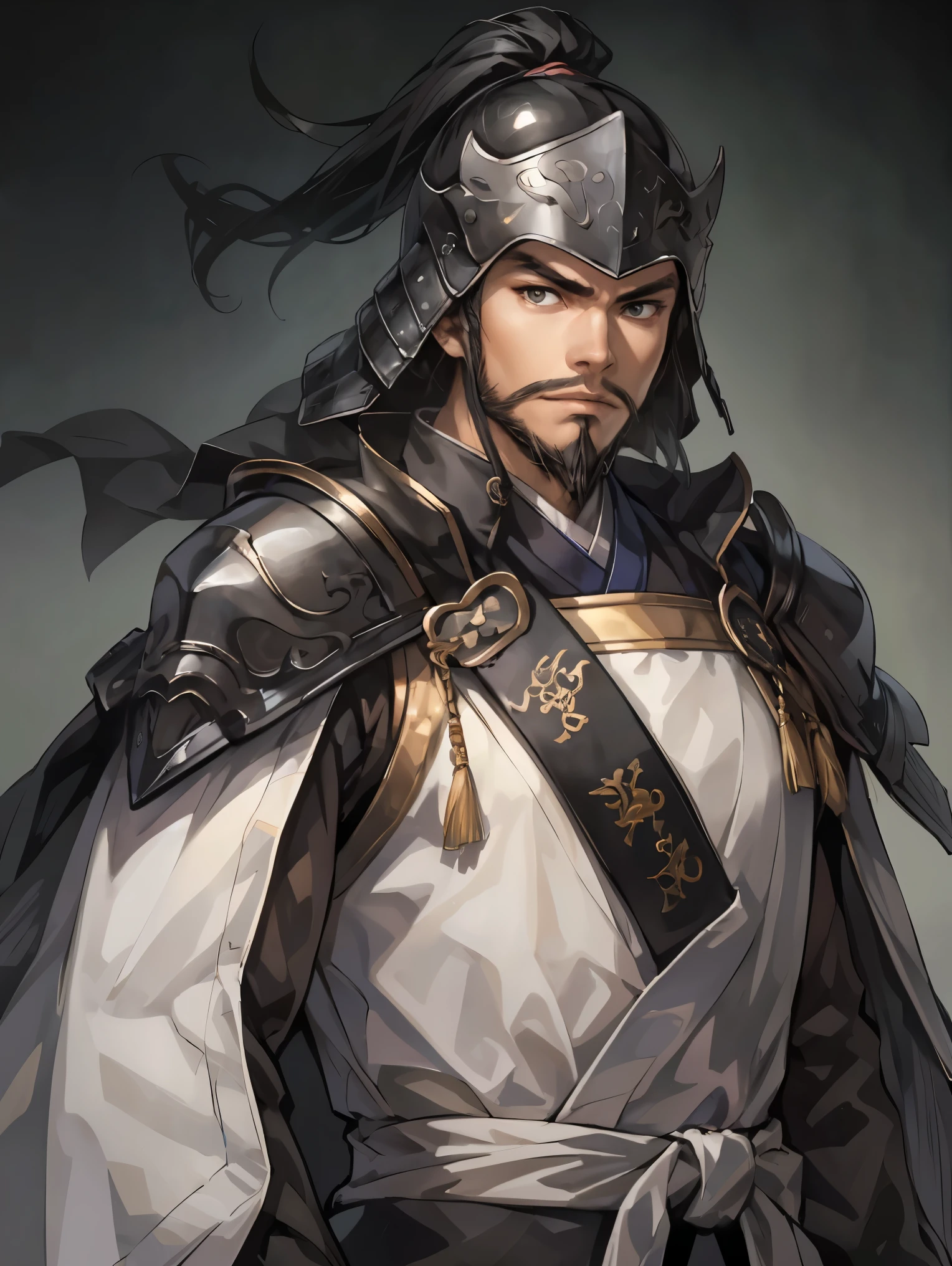 Boy in Armor 、 Three Kingdoms、whole body、( top quality ,4K,8k, high definition standing in rural areas , Masterpiece :1.2)、 very detailed bust , high definition standing in rural areas ,Hyper HD、 perfect hand、Ultra-fine paint、 sharp concentration 、 physically-based rendering 、 very detailed bust explanation、 very detailed bust 目と顔、 beautiful attention to detail 、 perfect hand、 Black Armor、((( ung man is right 、 black velvet bed cape 、young boy、 viewer、 black hair、 expressionless 、From the waist up、 white background 、 Dark Eyes、 Iron Helmets 、 beard 、 expressionless 、One Person