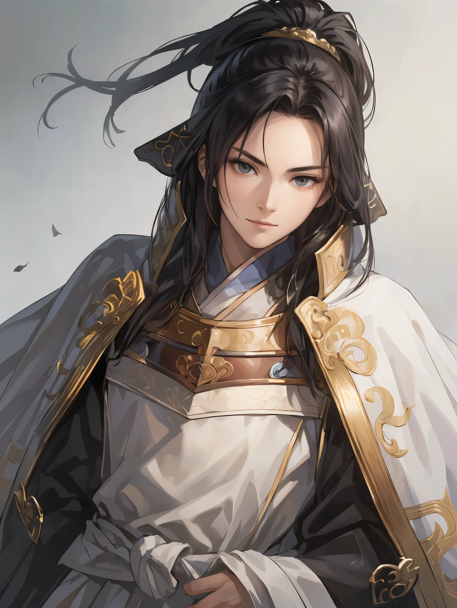 Boy in Armor 、 Three Kingdoms、whole body、( top quality ,4K,8k, high definition standing in rural areas , masterpiece highly detailed bust , high definition standing in rural areas ,Hyper HD、 perfect hand、Ultra-fine paint、 sharp concentration 、 physically-based rendering 、 very detailed bust 、 very detailed bust eyes and face 、 beautiful attention to detail 、 perfect hand、 White Armor、((( ung man is right 、 white velvet bed cape 、young boy、 viewer、 black hair、 expressionless 、From the waist up、 white background 、 Dark Eyes、 Iron Helmets 、 faint smile 、One Person
