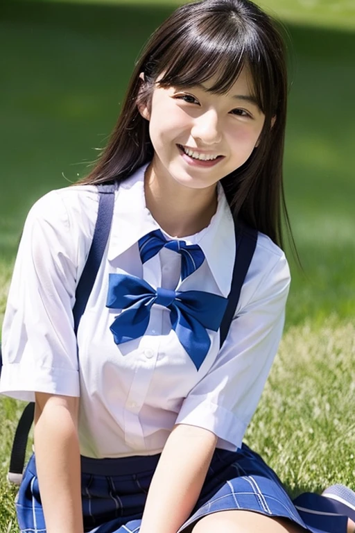 ((masterpiece)), japanese, (a girl), (18 years old), smiling, on grass, blue sky, hair bun, collared shirt, skirt, bow tie,
