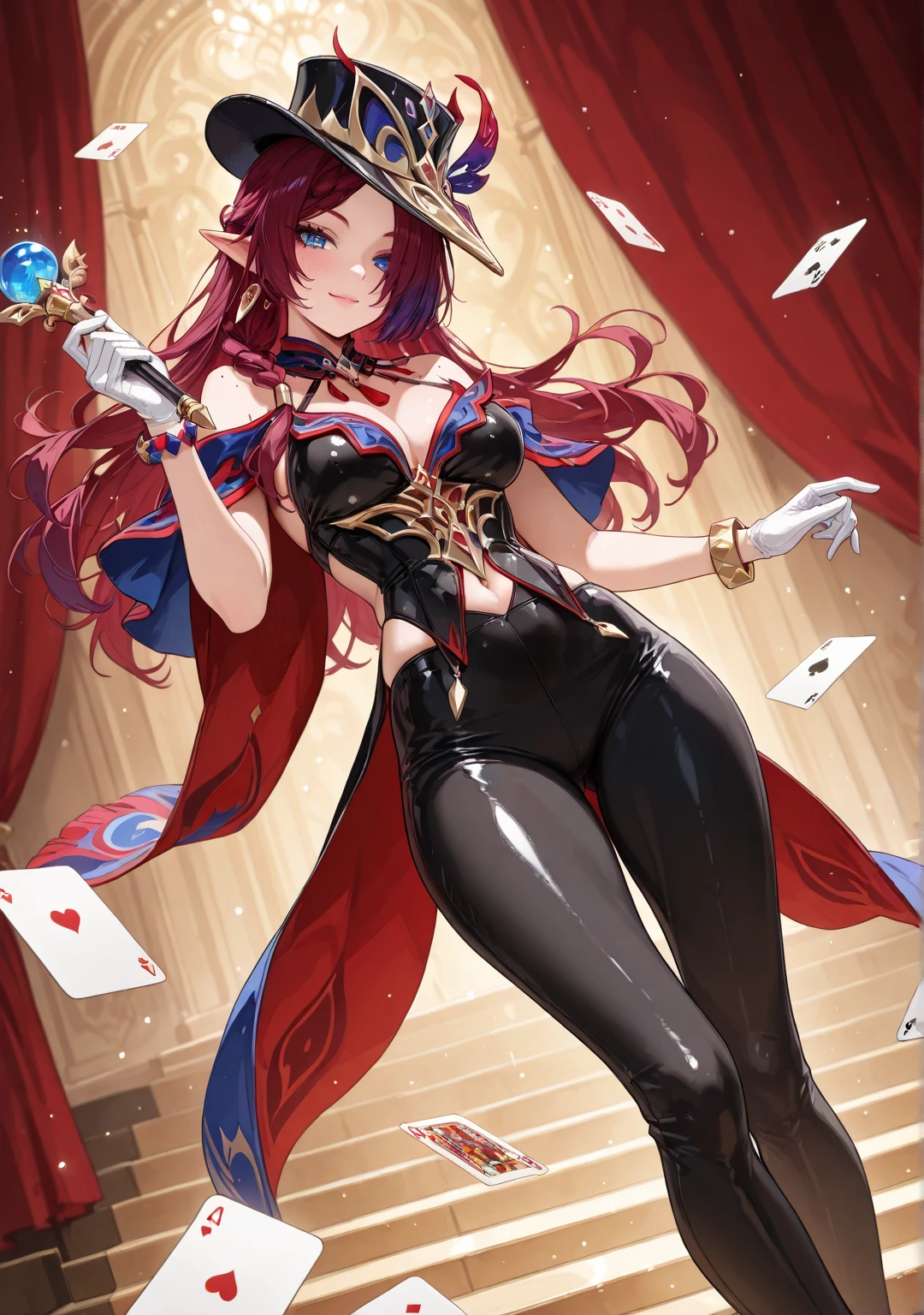 A (((woman))) elegantly stepping out from a (((magical realm))) evoking the essence of the ((Queen of Hearts card)), with opulent details and whimsical patterns that welcome her entrance
