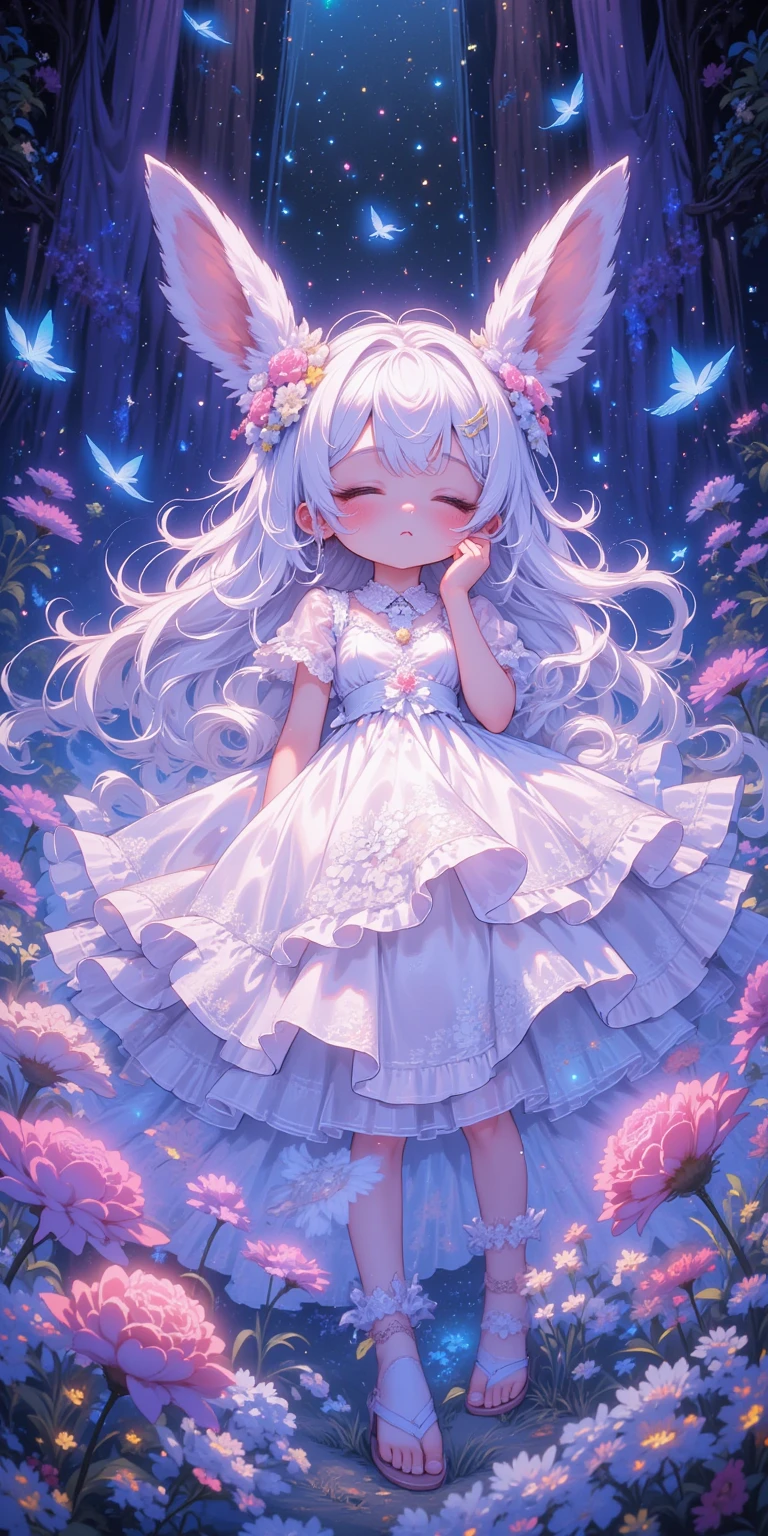 beautiful solemn text written "thank 6000". ((cute and kawaii rabbit girl lying down eternally sleeping in happy dream, long white hair and fluffy rabbit ear, transparent very white frilly dress embroidered delicately). at very unreal place as beautiful heaven shining particles floating.) (generate radiant and ethereal and translucent feeling picture. most beautiful image in the world. under black light and neon light. image generated by great soulful passion of artist. composition made by perfect golden ratio. flat newest anime style but very detailed art. masterpiece, best quality,)