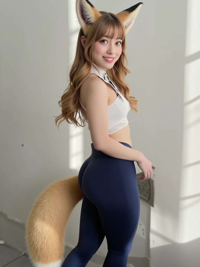 ((highest quality, 32k)), ((masterpiece)), (Familiar), Perfect Face, Fox ear girl, Beautiful girl, On the bed, Has a tail, She has a fox tail, She shows off her big tail, Collars and Leads, Beautiful Hips, Big Breasts, She is wearing underwear, A tail sticks out from the butt, smile, Get on all fours, Nice body