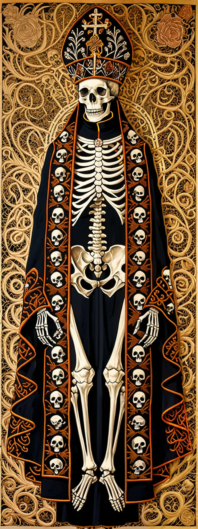  a close up of a skeleton  ( very elongated body )  dressed in a priest's robe , ( with a pattern of tiny skulls on a tunic),  priest skull ,  papal hat ,  intricate skeletal decorations  (Detailed embroidery),  elaborate cult tunics ,  inspired by Francisco de Burgos Mantilla ,  Day of the Dead. 8K,  Victorian Day of the Dead , 8K highly detailed ❤🔥 🔥 💀 🤖 🚀,  made of intricate skeleton lace , All skeletons, Catholic punk , gothic art style  .  illustration digital ultra realista ( full image in the format ) ( front view ) ((centered image parallel to the edges))  by Tsutomu Nihei ,(strange but extremely beautiful:1.4),(masterpiece,  best quality skirt:1.4),In the style of Nicola Samori, iron fist  (Orson Randall ), Woven art , Erik Madigan Heck Style page ,retrato, illustration,drawing,describe,bold describe, luminous , tattoo design , Alex Gross Style page  ((Full priestly body , floating)) (holy posture ) ( relaxed arms ) ( upright and relaxed posture ) "" the priest's body doesn't come out on the edge"" 