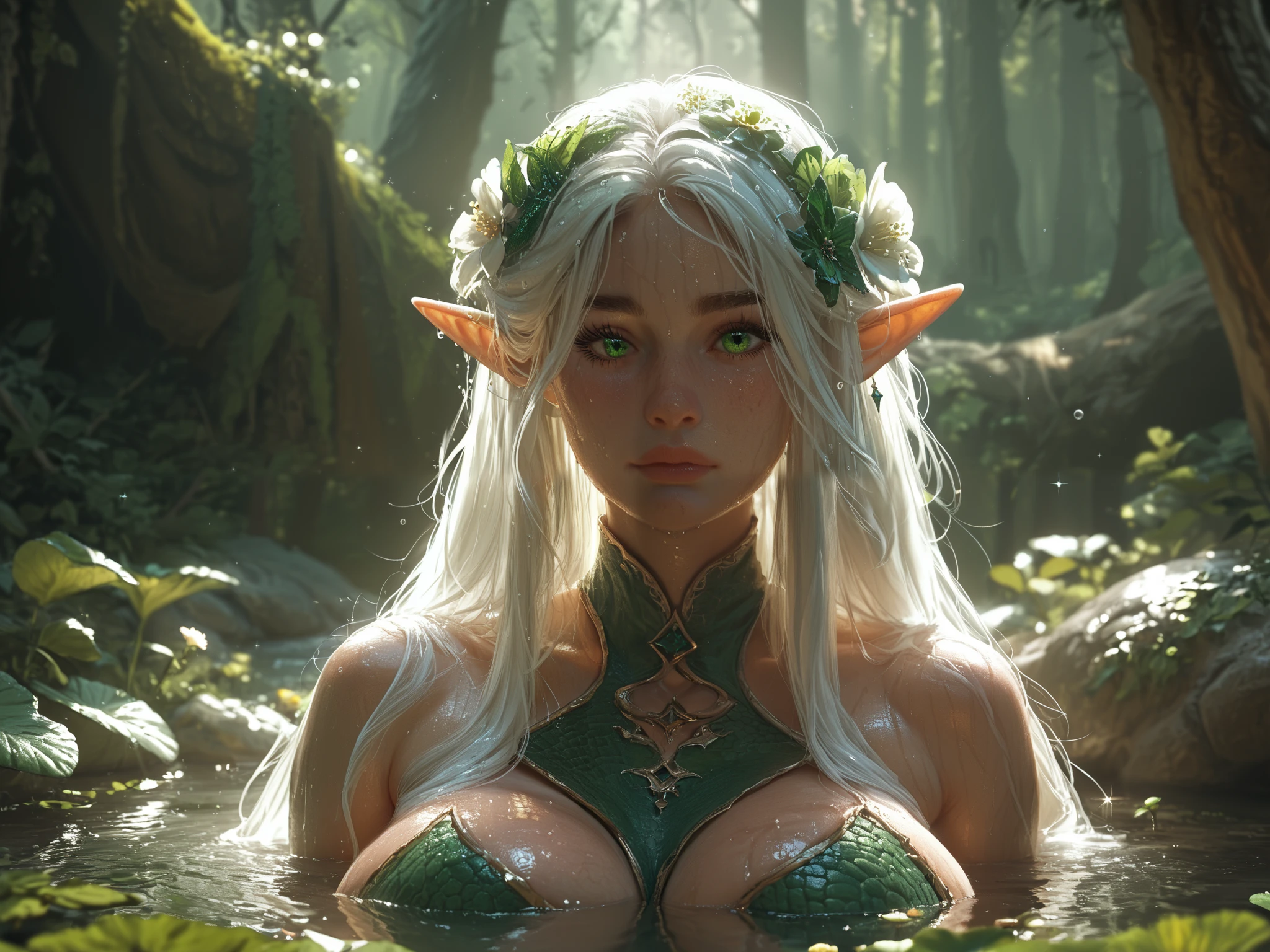 Attractive elf queen, pointy ears, forest, huge breasts, long hair, white hair, green eyes, scaly red dress, Masterpiece, Super Detailed, Sparkle, Glowing Light, moonlight, flowers in hair, wet