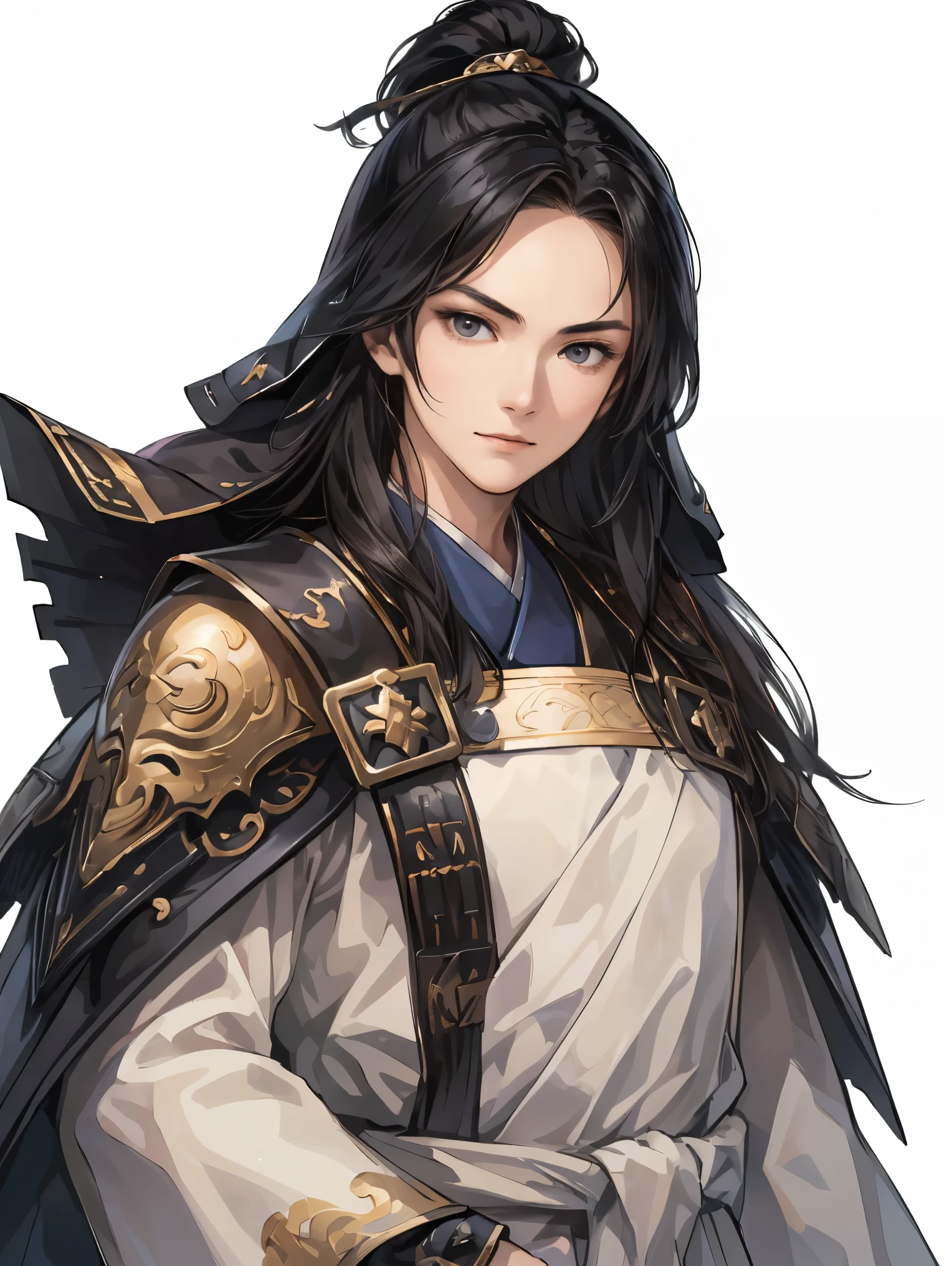 Boy in Armor 、 Three Kingdoms、whole body、( top quality ,4K,8k, high definition standing in rural areas , masterpiece highly detailed bust , high definition standing in rural areas ,Hyper HD、 perfect hand、Ultra-fine paint、 sharp concentration 、 physically-based rendering 、 very detailed bust 、 very detailed bust eyes and face 、 beautiful attention to detail 、 perfect hand、 White Armor、((( ung man is right 、 white velvet bed cape 、young boy、 viewer、 black hair、 expressionless 、From the waist up、 white background 、 Dark Eyes、 Iron Helmets 、 faint smile 、One Person