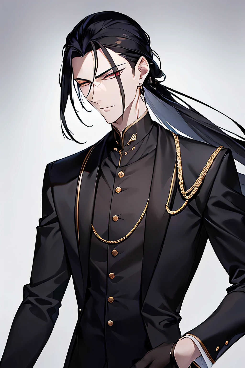 A highly detailed portrait of a tall, slender, and androgynously beautiful Chinese male bodyguard with long, silky black hair tied loosely at the back. His sharp, almond-shaped eyes are cold and calculating, with long lashes that enhance his striking appearance. His skin is pale and flawless, resembling porcelain. He is wearing a sleek black tailored suit with subtle gold embroidery on the collar and cuffs, exuding elegance and menace. A simple silver earring dangles from one ear, adding a touch of refinement. The background is dimly lit, suggesting a luxurious yet dangerous environment. Ultra-realistic textures, cinematic lighting, 4K resolution.














































