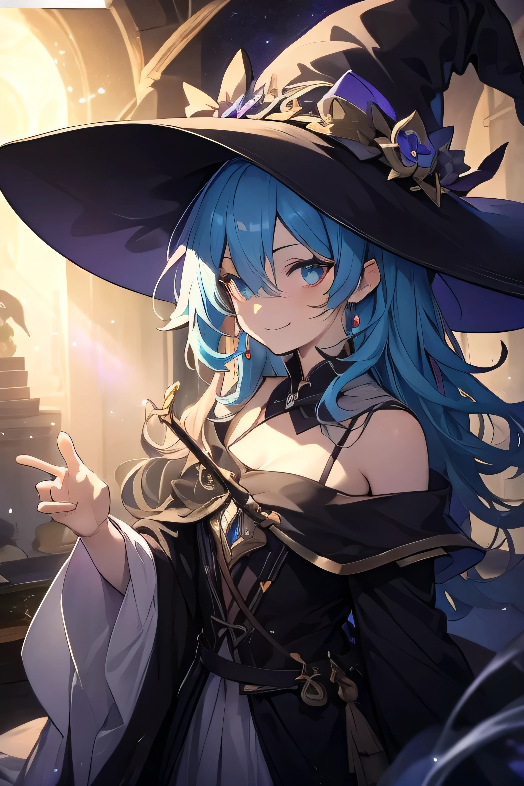 blue hair、 shoulders with chocolate、 Unkempt Hair、Hair in the eyes、 witch hat、 wizard hat、 smile、 Bright Eyes 、 happy、anime、 Cinematic Lights 、UHD、((masterpiece))、 more details、( detailed eyes 、 detailed face)、 High Quality 、 high resolution、 high detail、 witch with powerful magical light、Female Wizard、Wide-brimmed hat、The Sorcerer's Cane、Cane、Torrent of Light、 colorful rays crossing 、 right arm sticking forward