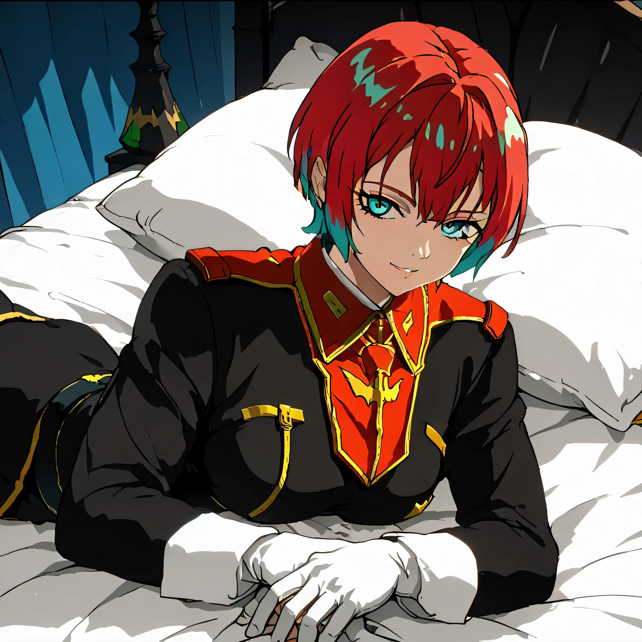 ultra-High resolution, score_9,score_8_up,score_7_up,score_6_up,score_5_up,score_4_up, BREAK, source_anime, anime screencap, uncensored, rating_explicit, Masterpiece, curvy, looking at viewer, (((solo, 1girl))), hair ornament, (((TitanOutfit))), full body, GQuX-amate_yuzuriha, red hair, multicolored hair, short hair, aqua eyes, multicolored eyes, seductive pose, submissive pose, smile, large breast, young girl, (((lying down on bed, bed, lying down)))