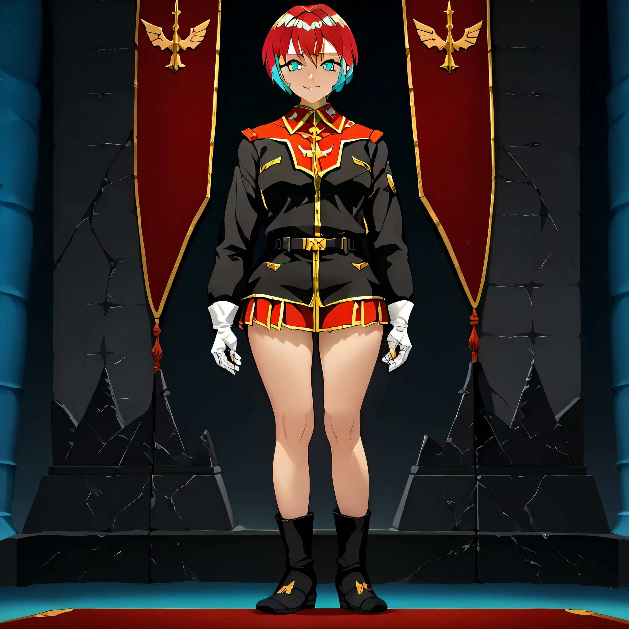 ultra-High resolution, score_9,score_8_up,score_7_up,score_6_up,score_5_up,score_4_up, BREAK, source_anime, anime screencap, uncensored, rating_explicit, Masterpiece, curvy, looking at viewer, (((solo, 1girl))), hair ornament, (((TitanOutfit))), full body, GQuX-amate_yuzuriha, red hair, multicolored hair, short hair, aqua eyes, multicolored eyes, standing, smile, large breast, (((young girl, ))),