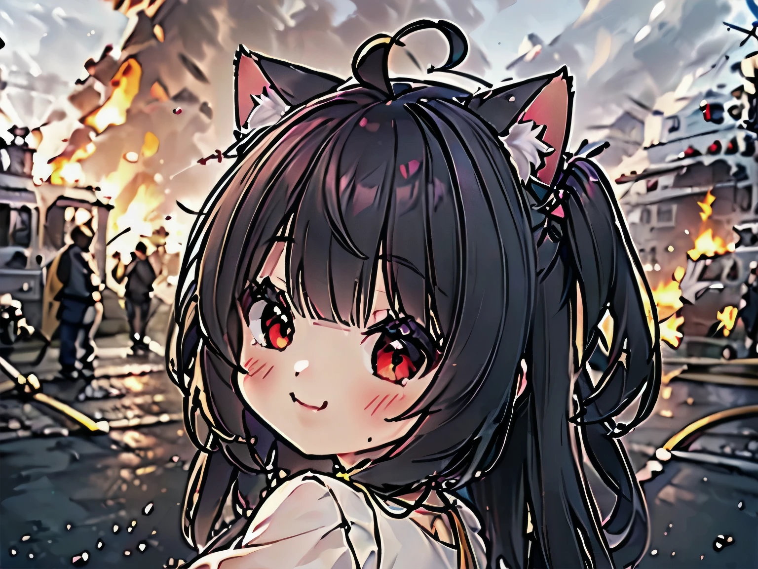 ((masterpiece)), (best quality, highres), 1girl, from behind, looking at viewer, explosion, IncrsDisasterGirlMeme, fire, smile, outdoors, ((cat girl, cat ears)), (red eyes), (long hair), (( black hair, (Ahoge), straight bangs,)),