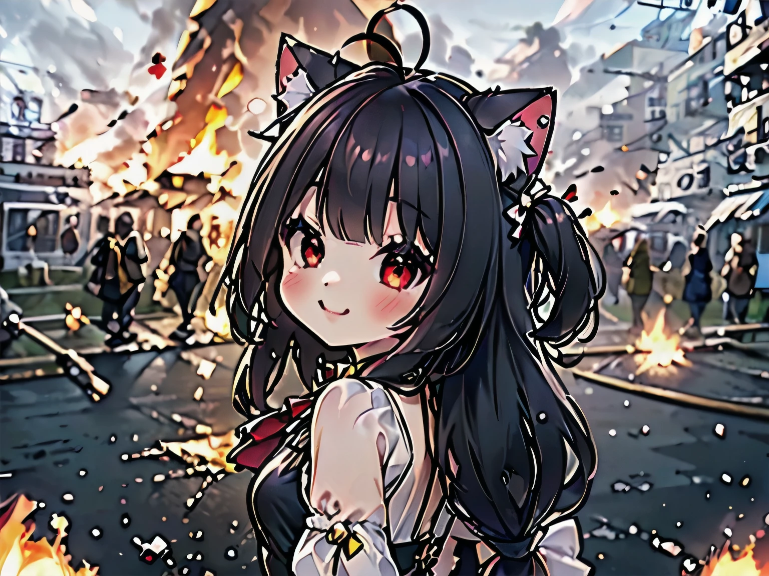 ((masterpiece)), (best quality, highres), 1girl, from behind, looking at viewer, explosion, IncrsDisasterGirlMeme, fire, smile, outdoors, ((cat girl, cat ears)), (red eyes), (long hair), (( black hair, (Ahoge), straight bangs,)),
