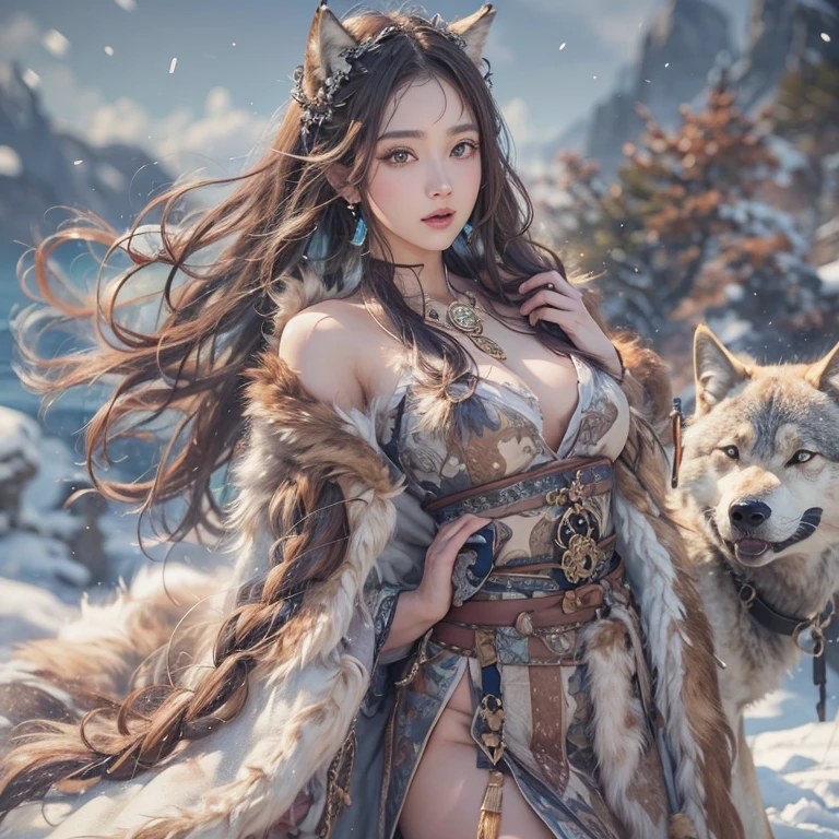 Hiding in the snowy mountains、Hair flow、 ((highest quality、masterpiece、8k、Best image quality、Ultra-high resolution、Award-winning works)、(Accurate anatomy:1.1)、(Look at me and smile:1.1)、Shining fair skin with Ultra-high resolution、The most detailed face、Ultra-high resolution detailed face、Ultra-high resolutionの髪の毛、(Ultra-high resolutionの煌めく瞳:1.1)、Beautiful face drawn in every detail、(Blurred Background:1.1)、Ancient Inuit clothing, tattoo, Old ruins in the background、Besides real wolves