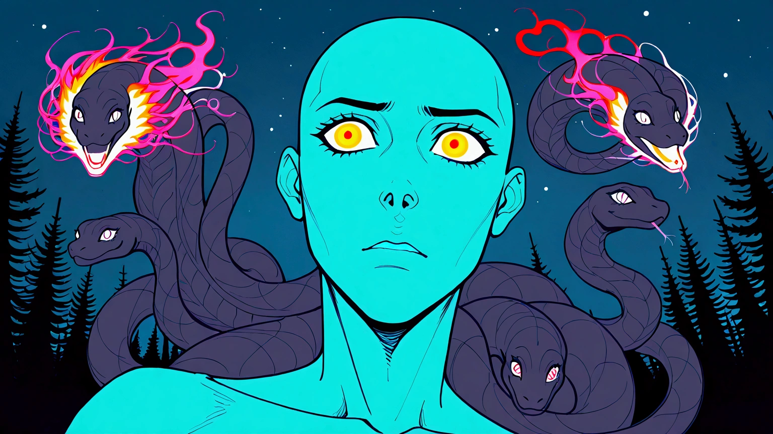 Medusa, comic panel, candid,((art style "Sean Gordon Murphy" comic drawing, splash panel)), snake skin dress, (background, pine barrens, entropy, rewilding, magic hour nautical twilight), body drawn in Frederic Delavier musculature anatomical illustration art style, (face, ornate black metal corpse paint, resembles Grace Jones), silhouette, full body portrait, (body, Naga, snakefolk, lower body snake tail, snake woman hybrid, bald, hairless, skeleton, snake skin tattoos, piercing eyes, snake pupils), craftsmanship nuance, full body portrait, (colors, forest green to earth brown, merge bleak muted deep fiery radiant glowing CMYK hues, (horror, abstract, surreal, body, cosmic), (art style Gerardo Zaffino charcoal), double exposure, optical illusion, nyctophobia, subliminal orchids, unfinished,