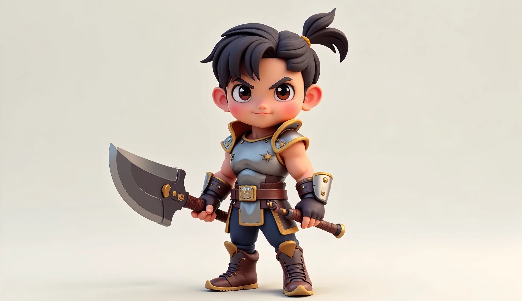 cool cute 3d cgi hero warrior with random weapon against neutral background, charcter sheet