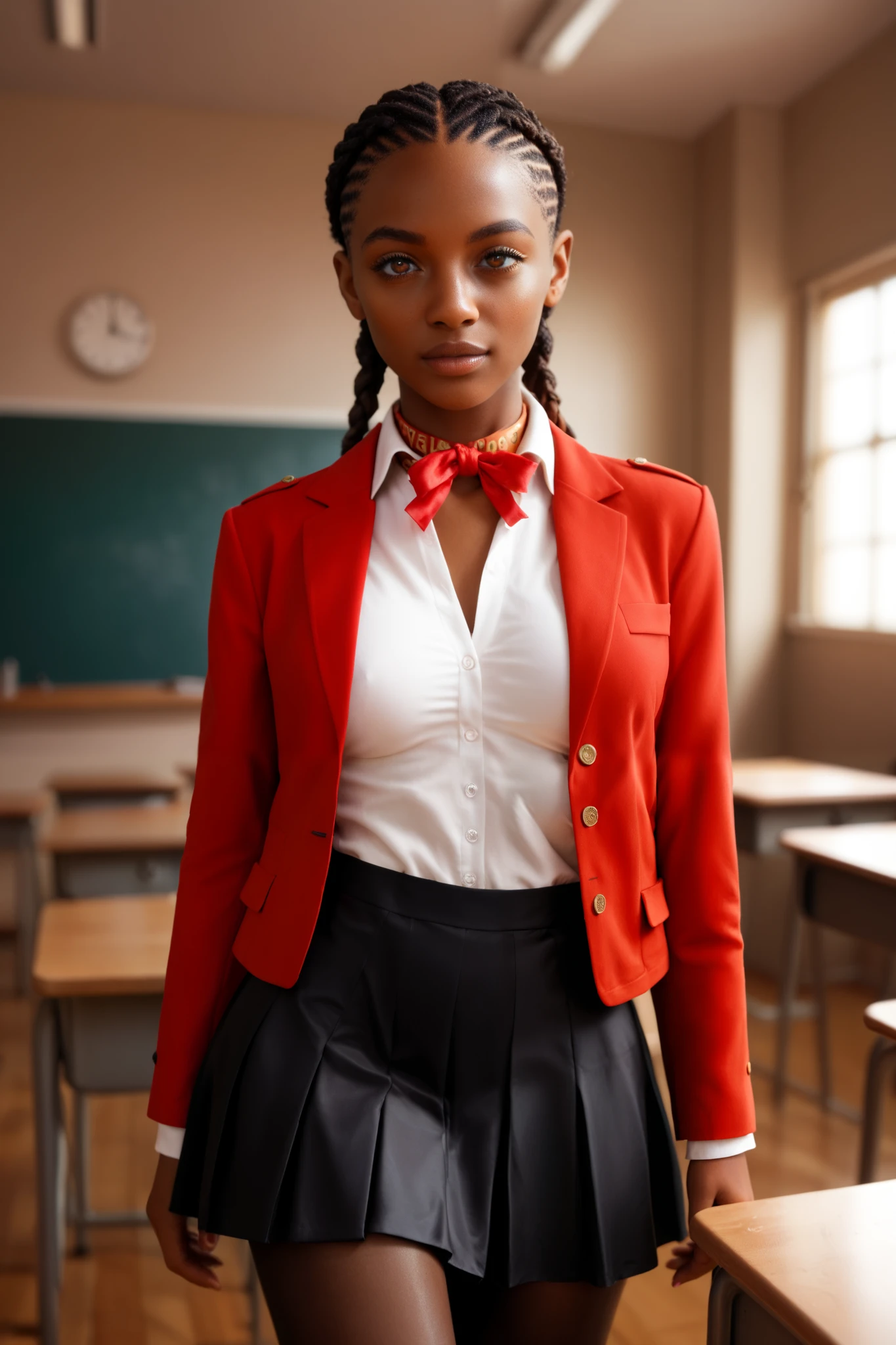 (masterpiece), best quality, expressive eyes, perfect face, front lighting, (1girl, Gabrielle Union, 18 years old, ebony, african, dark skin, black hair, medium length hair, cornrows braids hairstyle, ((hazel eyes, detailed eyes)) hourglass figure, thin body, skinny body, petite_body, medium breasts, wide hips, thick thighs), ((Uniform, closed red blazer, white shirt, red ribbon around collar, medium length black skirt, pantyhose)), dynamic pose (walking in classroom with other girls)