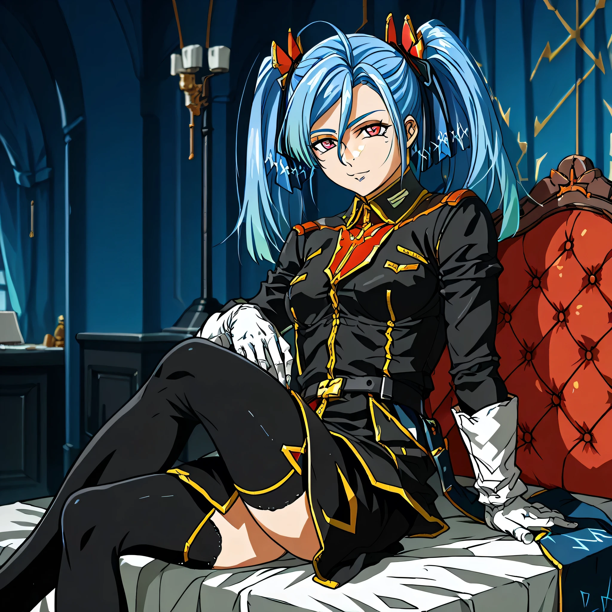 ultra-High resolution, score_9,score_8_up,score_7_up,score_6_up,score_5_up,score_4_up, BREAK, source_anime, anime screencap, uncensored, rating_explicit, Masterpiece, curvy, looking at viewer, (((solo, 1girl))), hair ornament, (((TitanOutfit))), full body, medium breast, AZSRW, blue hair, twin tails, long hair, pink eyes, smile, sitting, crossed legs
