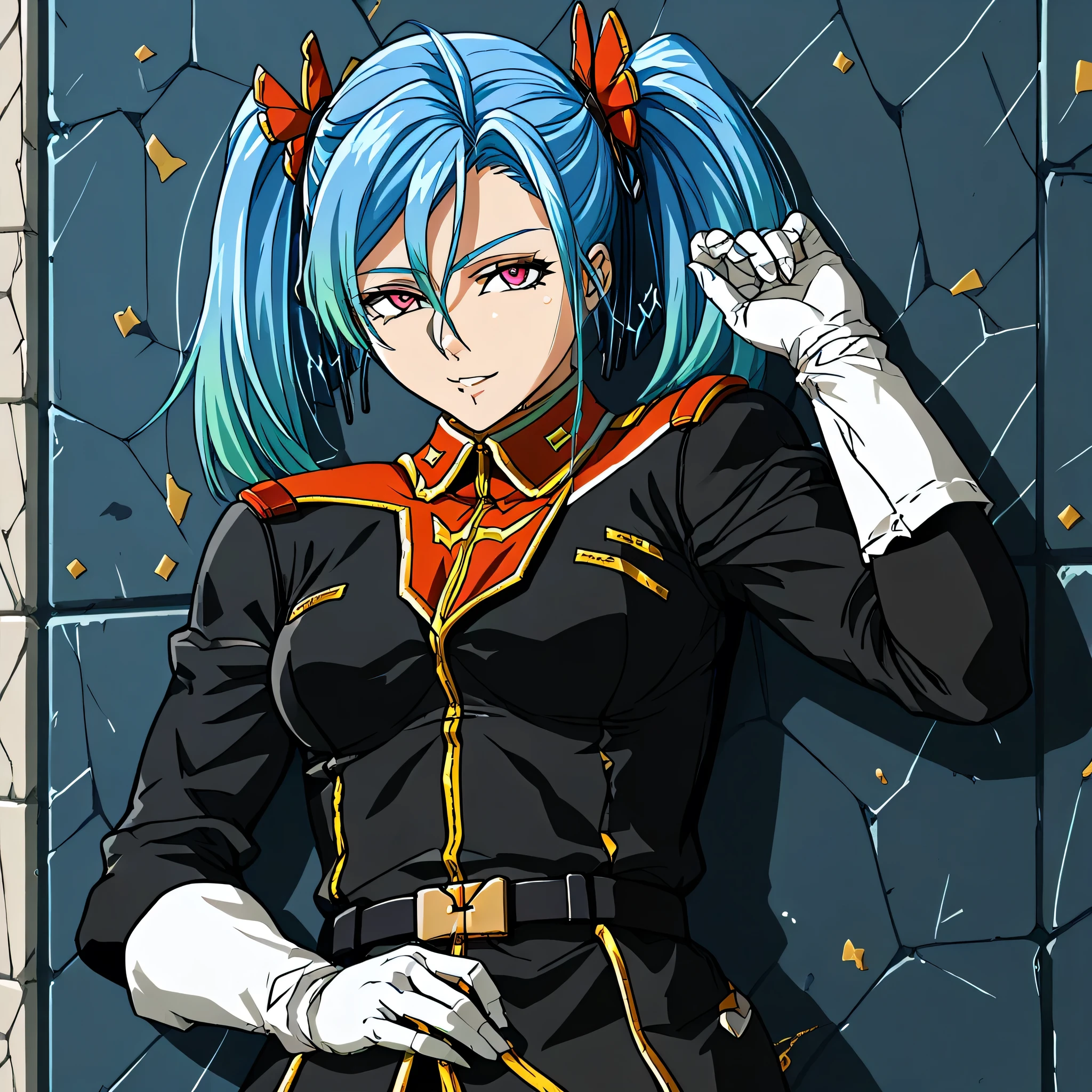 ultra-High resolution, score_9,score_8_up,score_7_up,score_6_up,score_5_up,score_4_up, BREAK, source_anime, anime screencap, uncensored, rating_explicit, Masterpiece, curvy, looking at viewer, (((solo, 1girl))), hair ornament, (((TitanOutfit))), full body, medium breast, AZSRW, blue hair, twin tails, long hair, pink eyes, smile, seductive pose, submissive pose, lying down on wall