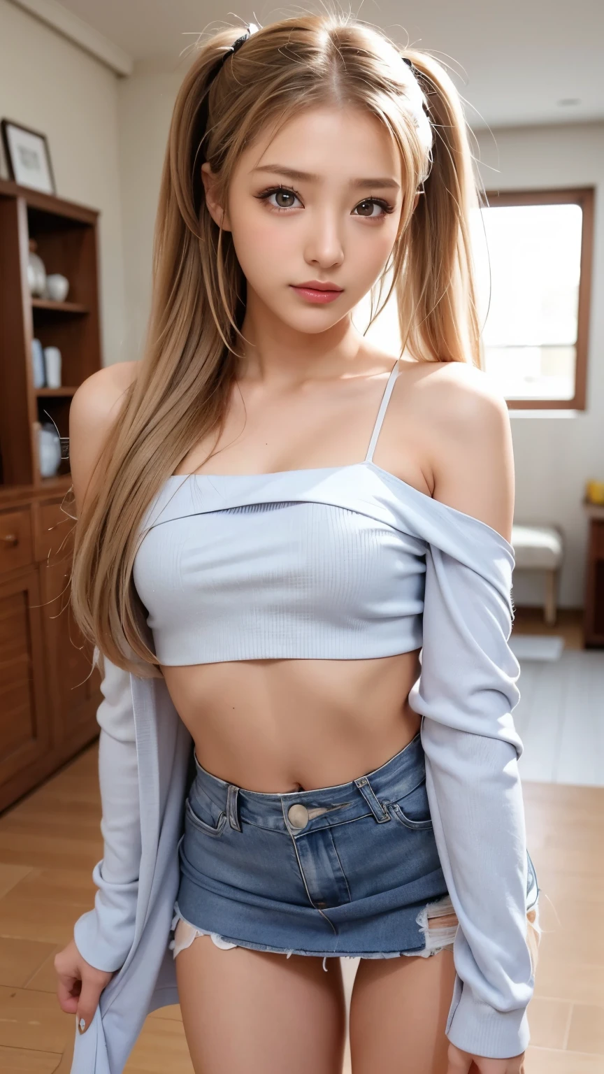 22 year old white female、hair color is blonde、blue eyes、long hair、The ends of the hair are wavy、decorated with ribbons、accessories on wrist、wearing a necklace、has earrings、skin is smooth、Slender but muscular body、smile、wearing a one-shoulder top、wearing a bolero、wearing skinny jeans、Sitting on a fallen locker in an abandoned warehouse、smile、Perspectives apart from women