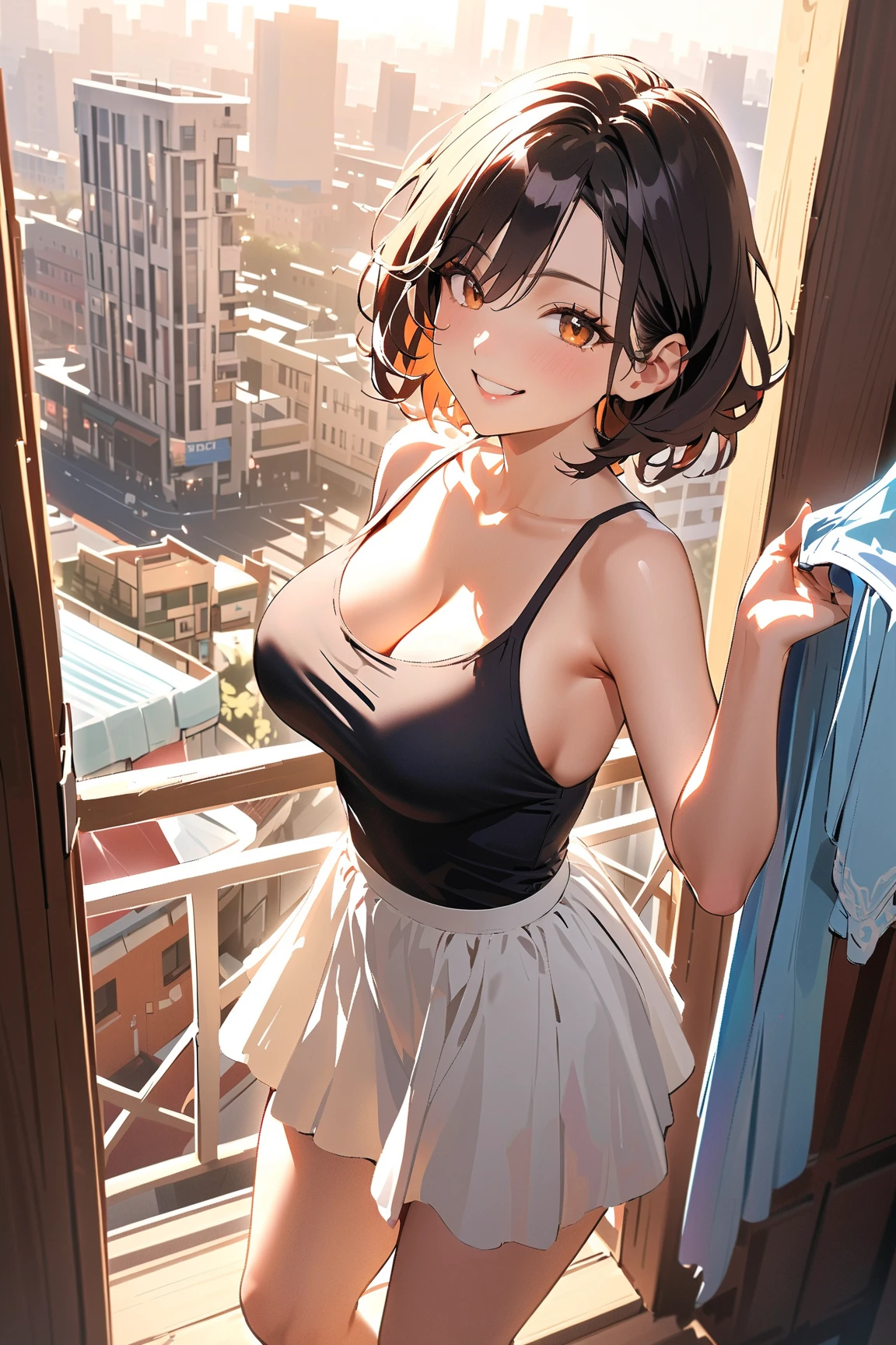 one woman, alone, middle aged, きれいなmiddle agedの女性、I could see the whole body、 ((short hair)), ((brown eyes, beautiful eyelashes, realistic eyes)), ((detailed face, blush:1.2)), ((smooth texture:0.75, realistic texture:0.65, realistic:1.1, Anime CG style)), ((glamorous body)),(( big breasts)), dynamic angle, perfect body, ((purple transparent bow, red skirt))、(Hotel stairs)、It's windy、(Very embarrassing panic smile)、looked back、I can see her ass sticking out in front of me...、Angle looking up from the bottom of the stairs、 (((The wind flipped up my skirt、My butt is now completely visible...、Pink floral panties)))、((table top, highest quality, High resolution, perfect pixel, 4K,))),
