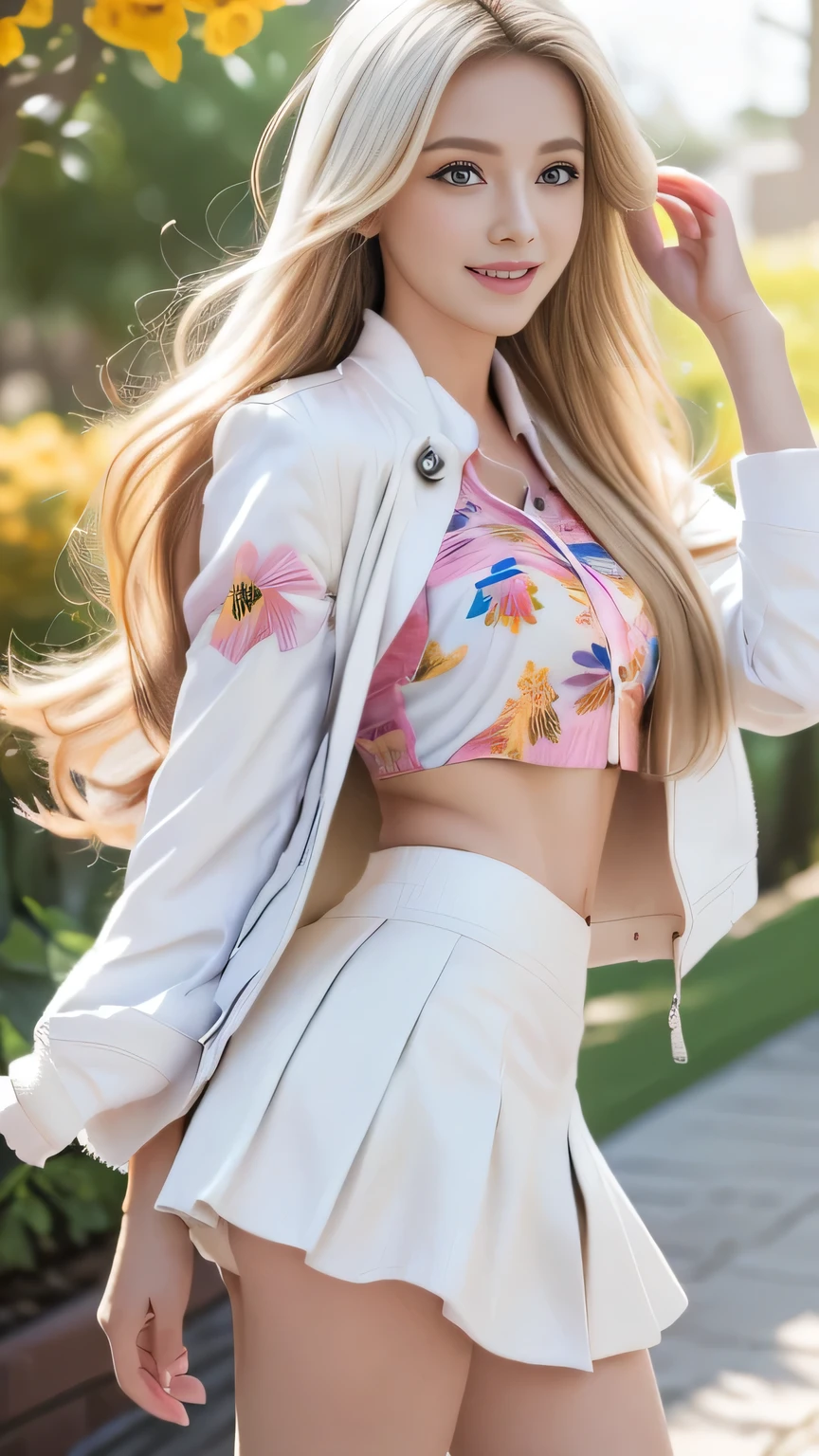 ( top quality, Very detailed, realistic photos :1.37), bright and vivid colors , studio lighting ,Playful expressions ,Fashion Makeup, Long blonde hair fluttering in the wind, Charming eyes ,Glossy lips, sexy pose ,Suspender Skirt,Confident、 Charming Smile , posing for a professional photo shoot ,Shallow depth of field,Highlight the subject, soft natural light , creates a fantastic atmosphere. Large target,((Wear a flower shirt _ flared mini skirt _White jacket:1.3))、