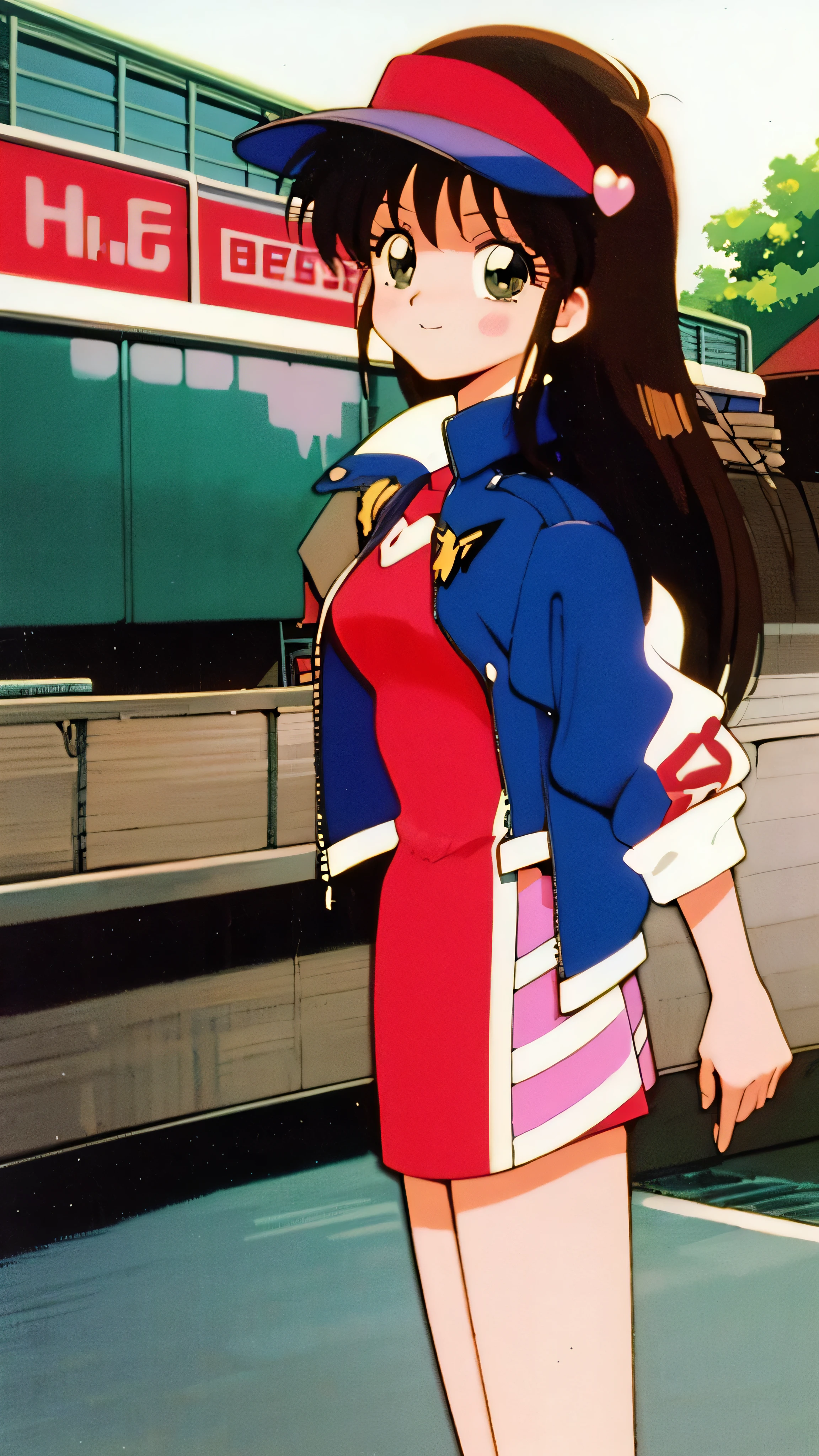 Anime girl in a red and blue dress standing in front of a train - SeaArt AI
