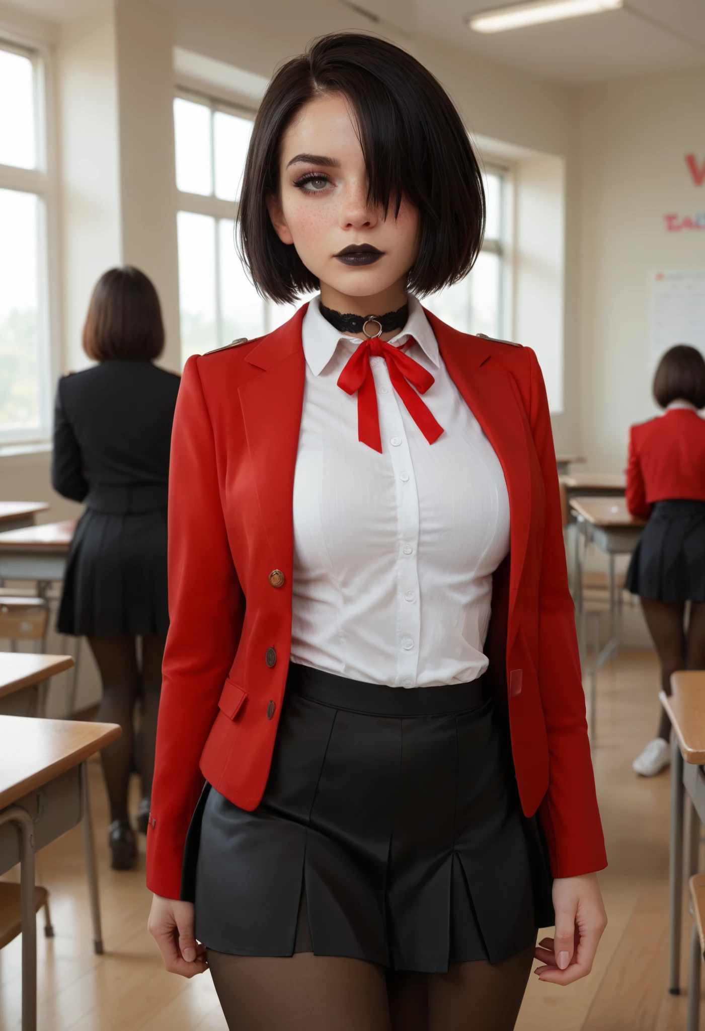 score_9,score_8_up,score_7_up,score_6_up,score_5_up,score_4_up,1girl, pretty goth girl, face piercing,pale white skin,highly detailed face,black hair, bob haircut, hair over 1 eye, cute nose. seductive, black choker, black lips, freckles,((Uniform, closed red blazer, white shirt, red ribbon around collar, medium length black skirt, pantyhose)),upper body,big breasts,wide hips,big ass,bubble ass,athletic legs,juicy ass,hot, (walking in crowded classroom with other girls)