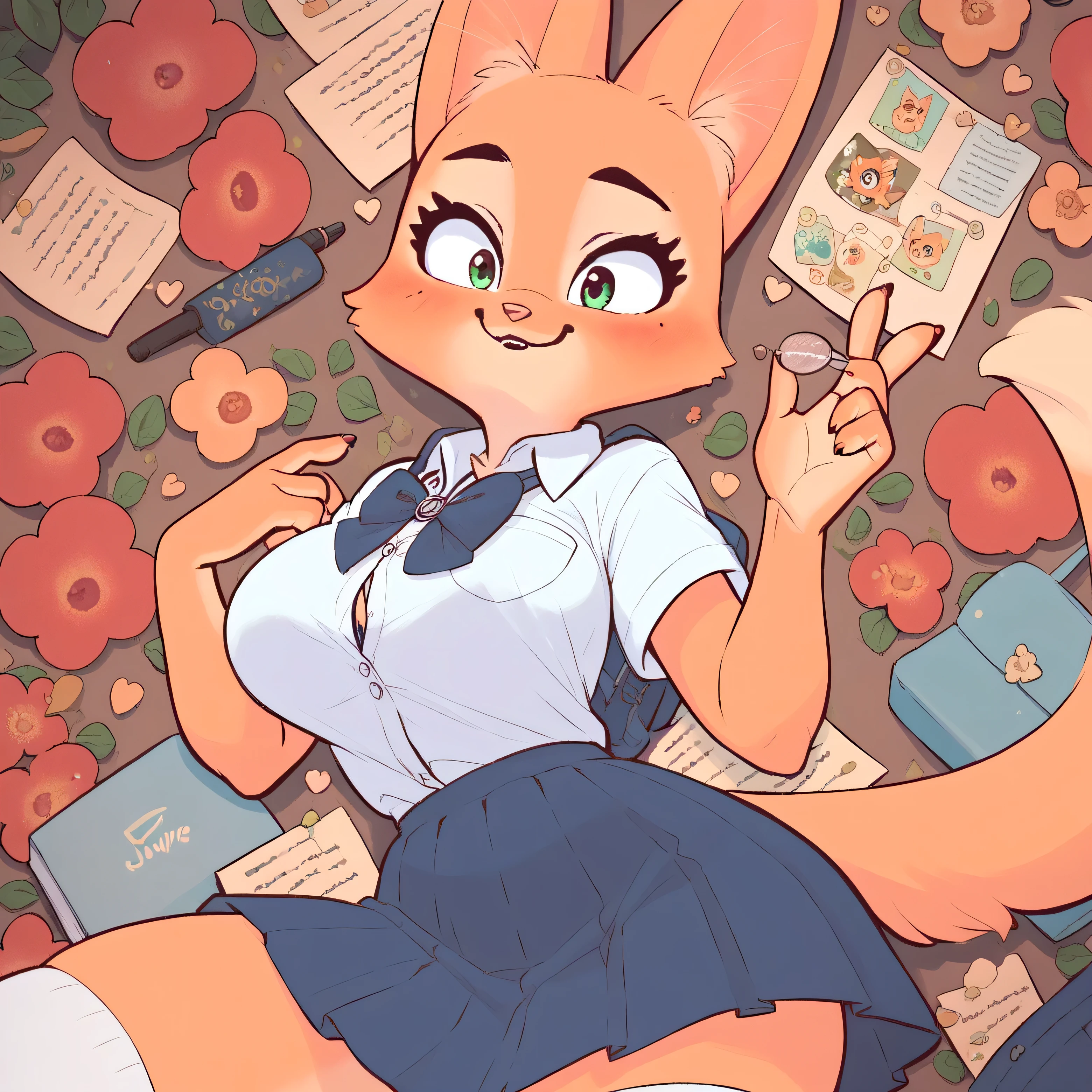 Diane Foxington, young, , ginger skin, emerald eyes, school uniform , Big breasts, blush, look at the spectator , Smiles, Interiors, alone, by diives