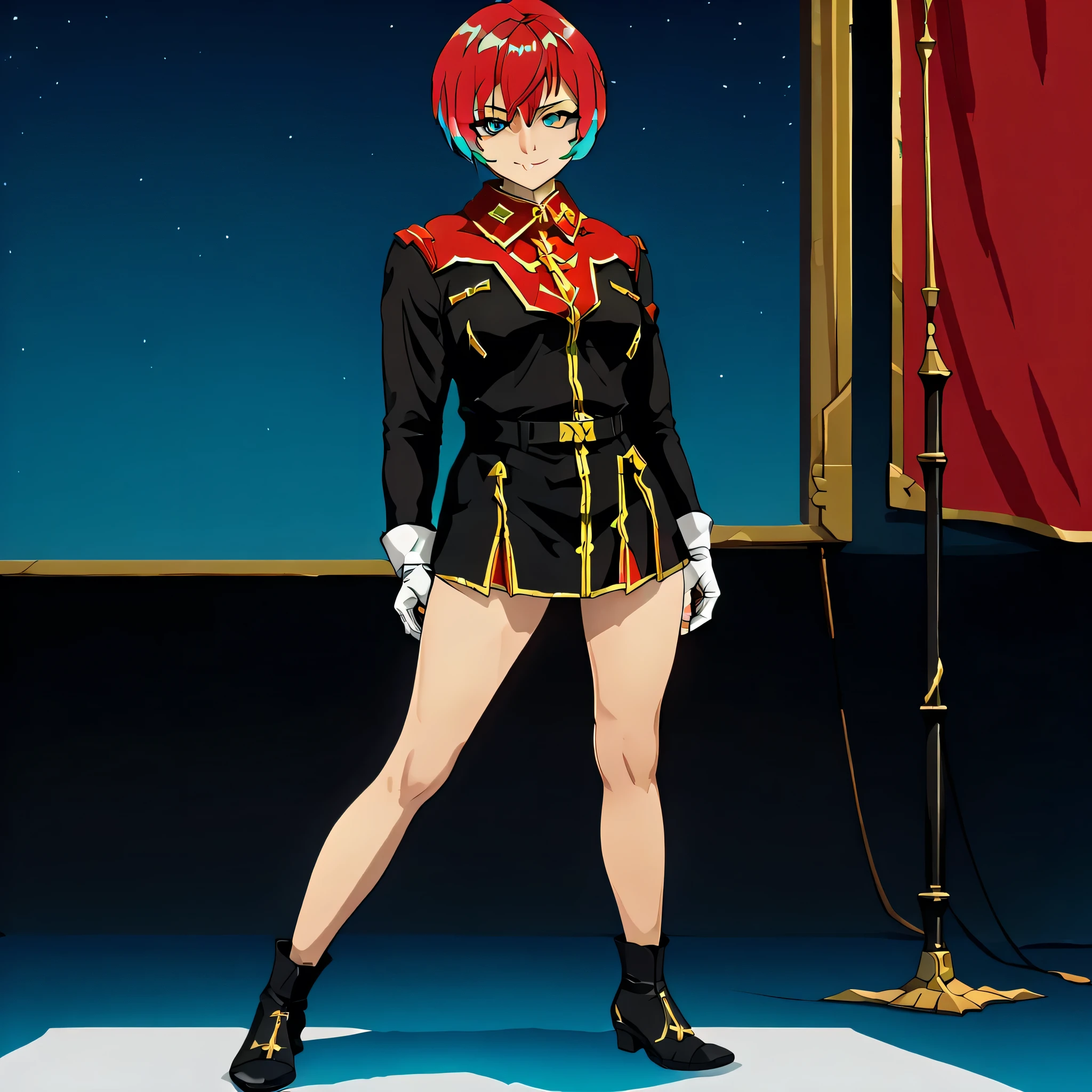 ultra-High resolution, score_9,score_8_up,score_7_up,score_6_up,score_5_up,score_4_up, BREAK, source_anime, anime screencap, uncensored, rating_explicit, Masterpiece, curvy, looking at viewer, (((solo, 1girl))), hair ornament, (((TitanOutfit))), full body, GQuX-amate_yuzuriha, red hair, multicolored hair, short hair, aqua eyes, multicolored eyes, standing, smile, large breast, (((young girl, miniskirt, bare legs, seductive pose))),