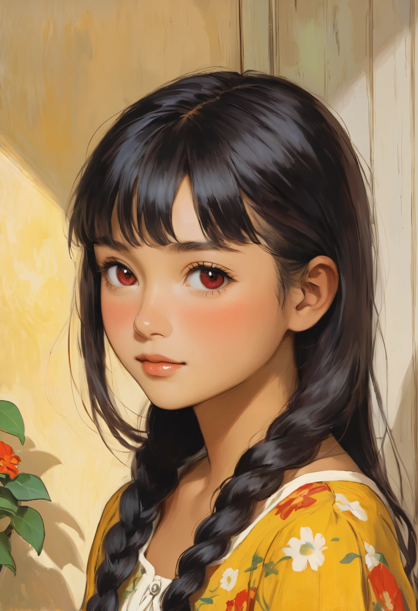 Anime girl with long black hair and flower in yellow dress - SeaArt AI