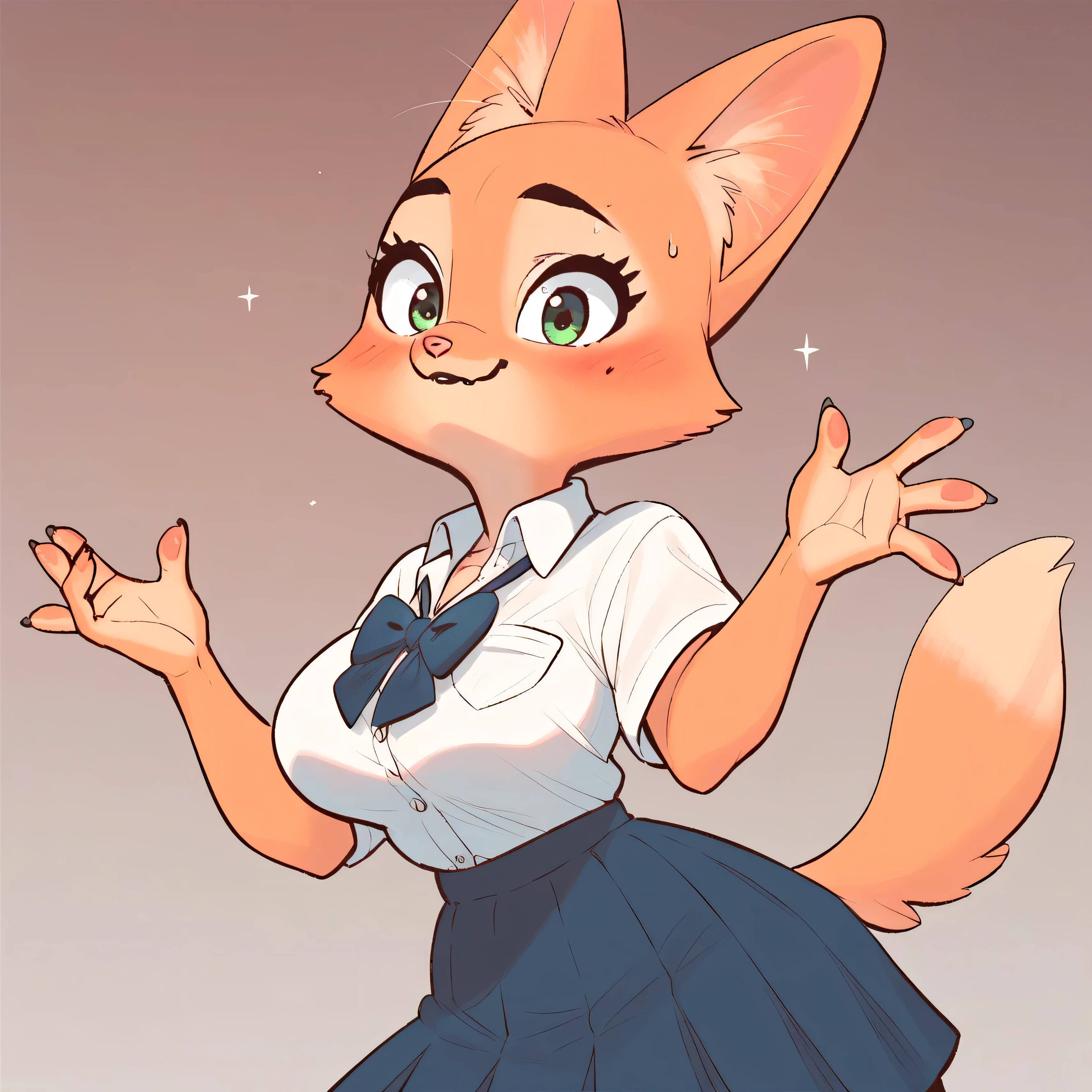 Diane Foxington, young, , ginger skin, emerald eyes, school uniform , Big breasts, blush, look at the spectator , Smiles, Interiors, alone, by diives