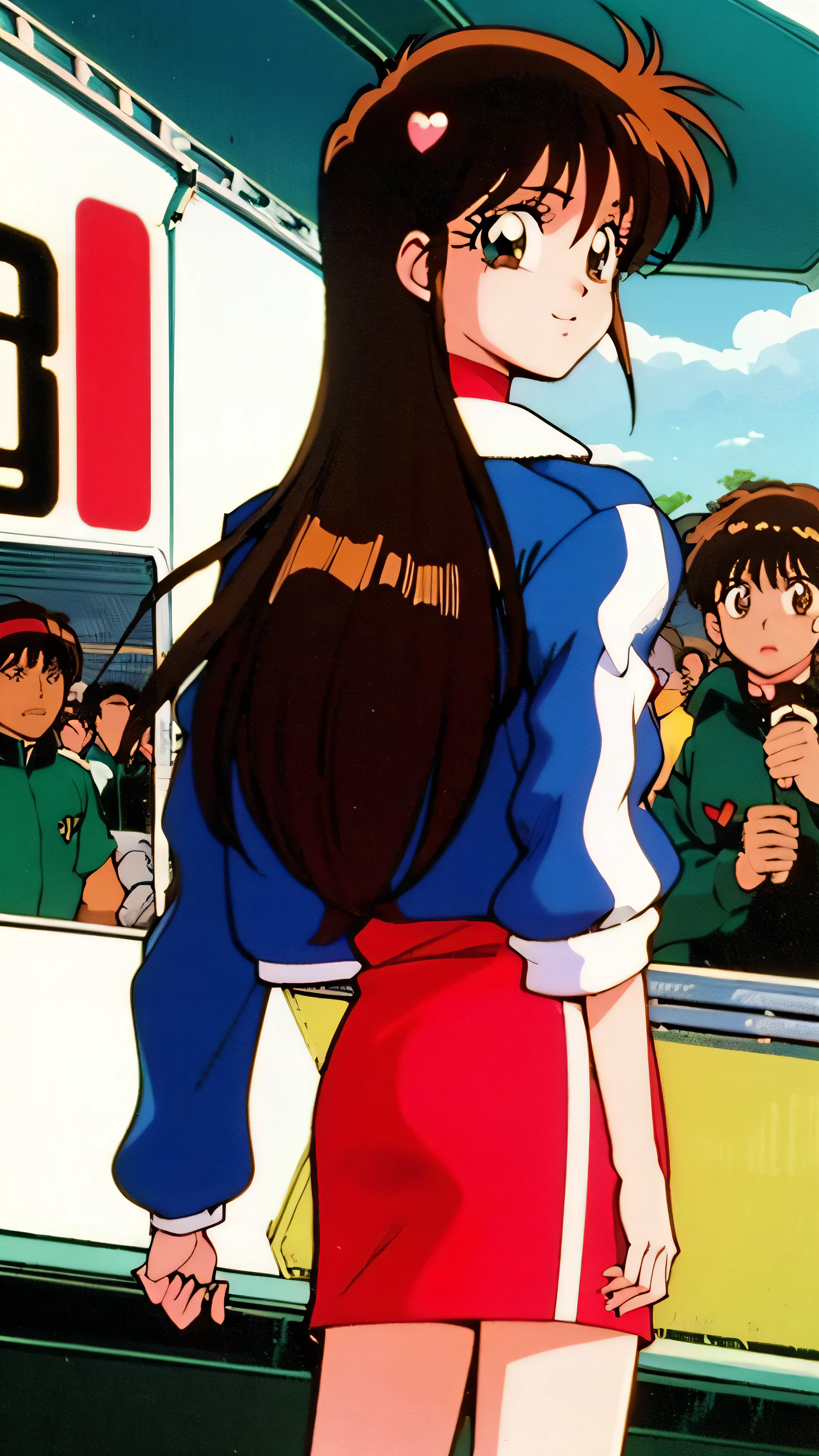 Asusdol, One Girl , Alone, green eyes, heart, hair ornament, mini jacket, red dress,retro art style for stilets, 1990s ( style for stilets), looking at viewer, smile, outdoor, null, cowboy shot , clevis cut out, race queen,back view