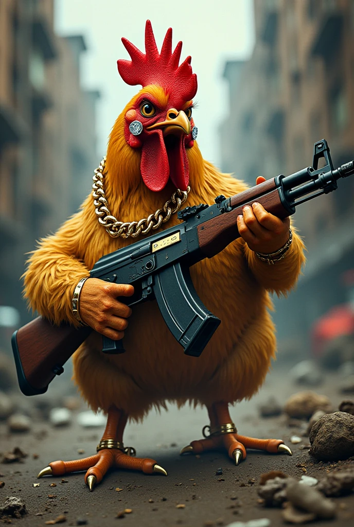 A rooster dressed like a cholo with sunglasses and a bandana with a gun in the neighborhood and his gang