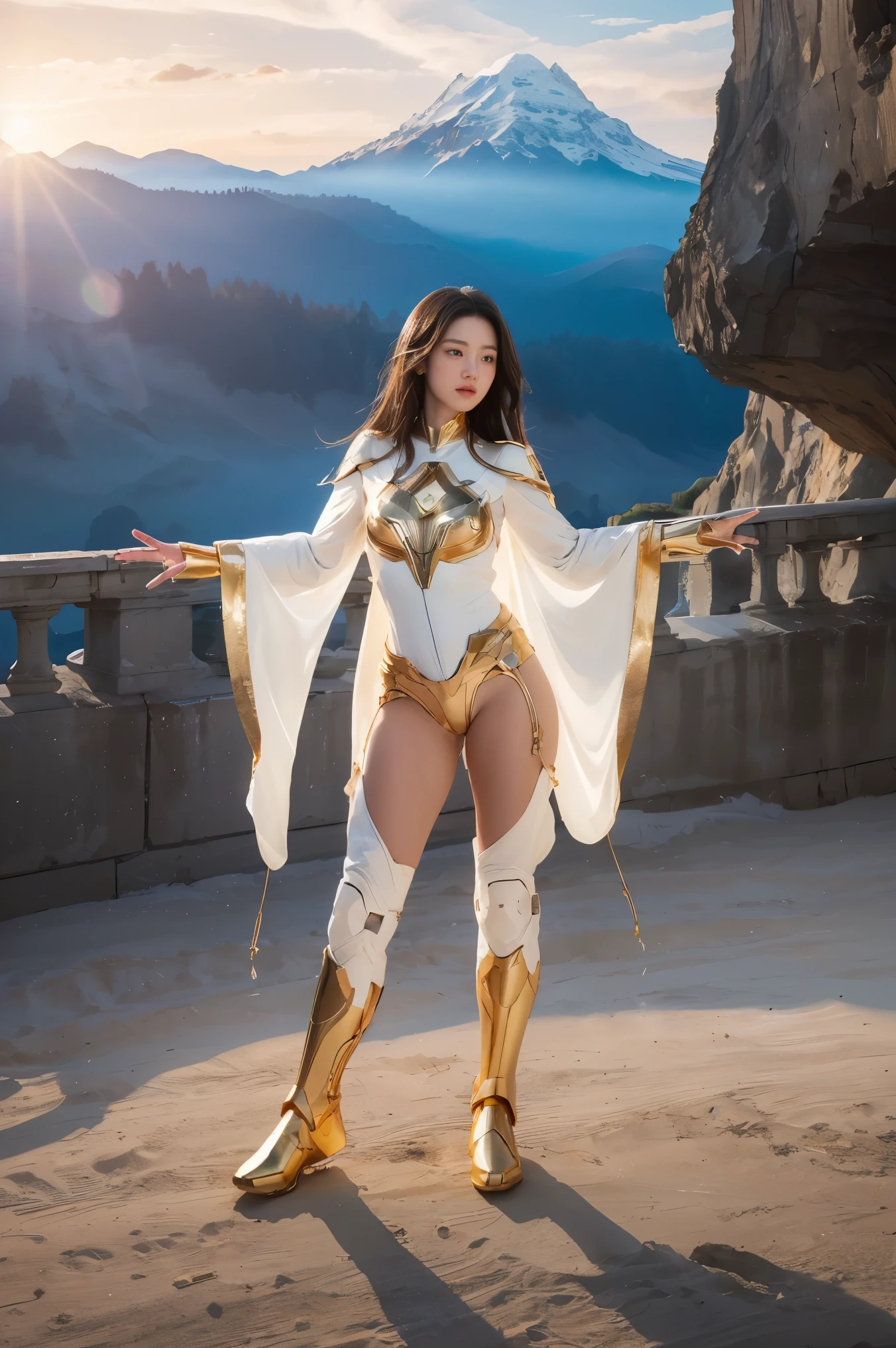 ((masterpiece, best quality, extremely detailed), volumetric lighting, ambient occlusion, colorful, glowing), 1girl, solo, young girl, (dark hair), long hair, halo, aura, sacred, goddess, cleric suit, (white outfit with gold detailst:1.3), armor, outdoors, sunset, sky, clouds, space, (fantasy theme:1.2),ม 1girl, full body, Illustration, cinematic light, high resolution, best quality, ultra-detailed, masterpiece, power suit, powerranger, suit, spd,