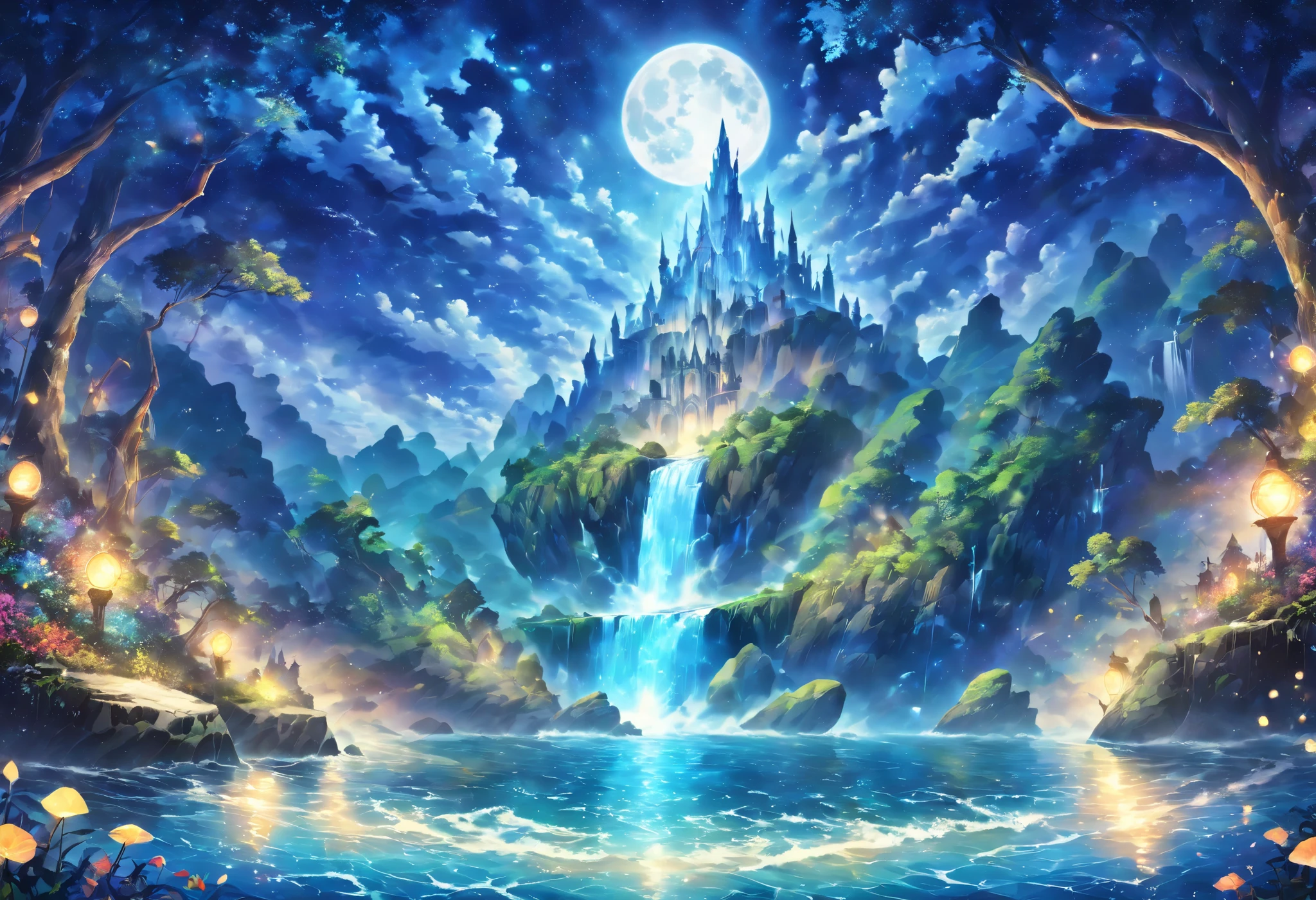 A huge cliff in the middle of the ocean (  There are rough waves and splashes of water under the cliff  .)，A mysterious island with a waterfall in the middle， in,   God on a Mysterious Island   々   There is a Crystal Castle that emits light   . background,    There is a huge blue full moon and a thick foggy atmosphere    . Strange  , Magnificent in a grand masterpiece.,  Beautiful morning light ,   Abstract Luminism Art Aesthetic Magical Scenery  ,  COMPLEX FANTASY PAINTING ,     Details fantasy art fantasy illustrator mystical illusion art , 極めて   Details夢のシーン, Perfectly structured,    Details,   Accurate Digital Art  