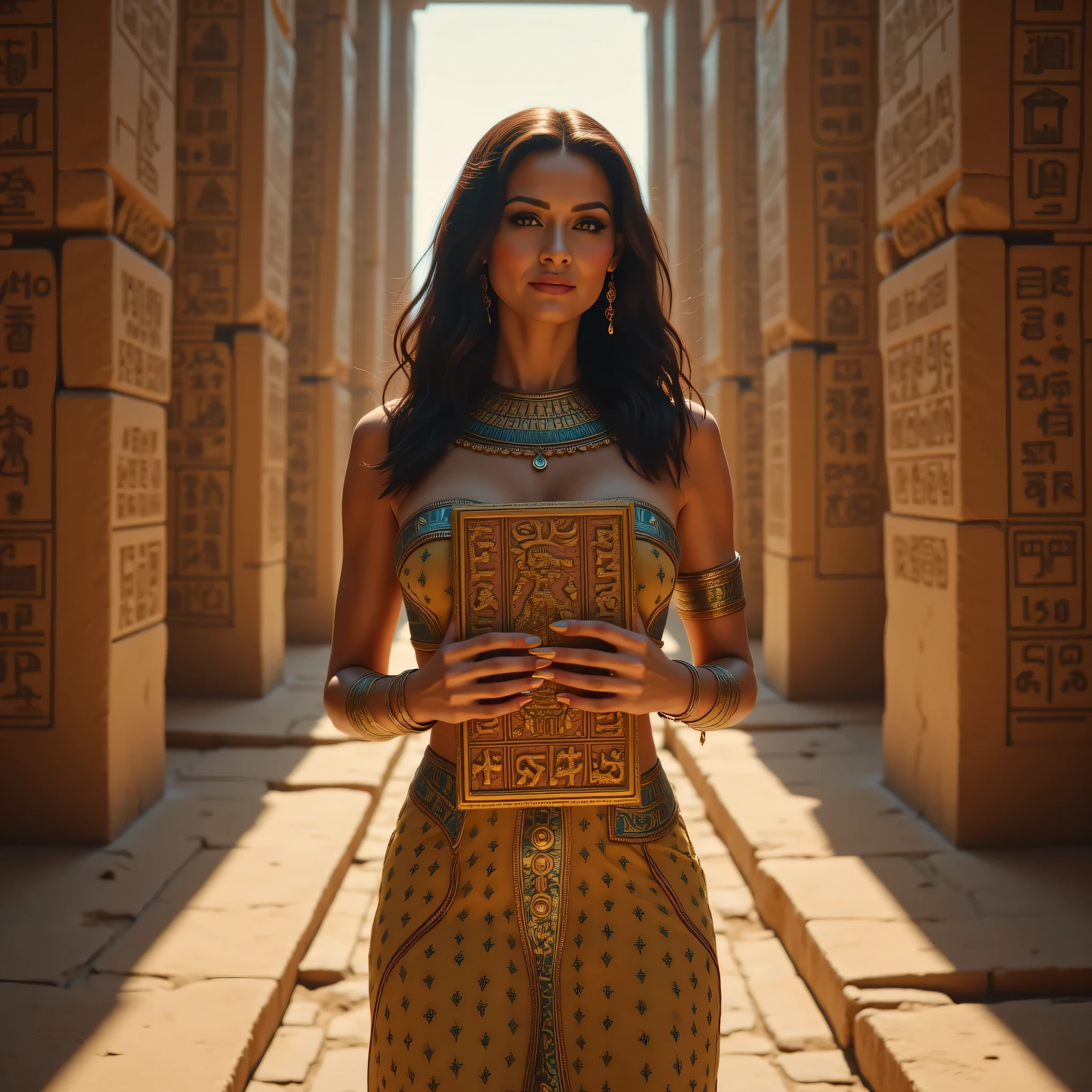 A hyper-realistic wide scenery image shot of a prehistoric beautifully female queen Cleopatra Pharaoh holding a big hieroglyph ideogram tablet, symmetrically balanced in image composition. The beautifully Pharaoh is depicted in a full body angle view, showcasing her lively, lusciously vivacious, and shapely body. She is wearing a realistic cultural Pharaoh long dress. The scene includes a well-rounded prehistoric female Pharaoh holding use a big size of hieroglyph, and smiling. The background features ancient egypt hieroglyph ideogram tomb with central leading lines, creating a sense of depth on ultra-wide angle. The image has UHD ambience, with a zoomed-out perspective, realistic textures, soft lighting, and a wide-angle view. The Pharaoh's hands are accurately detailed with full human finger anatomy, and her hair is shiny and lifelike. The overall style is reminiscent of Far Cry 5 game artwork, with additional details and body fixes applied. The combination of influenced of SandalPunkAi Artwork and BronzePunkAi Artwork.