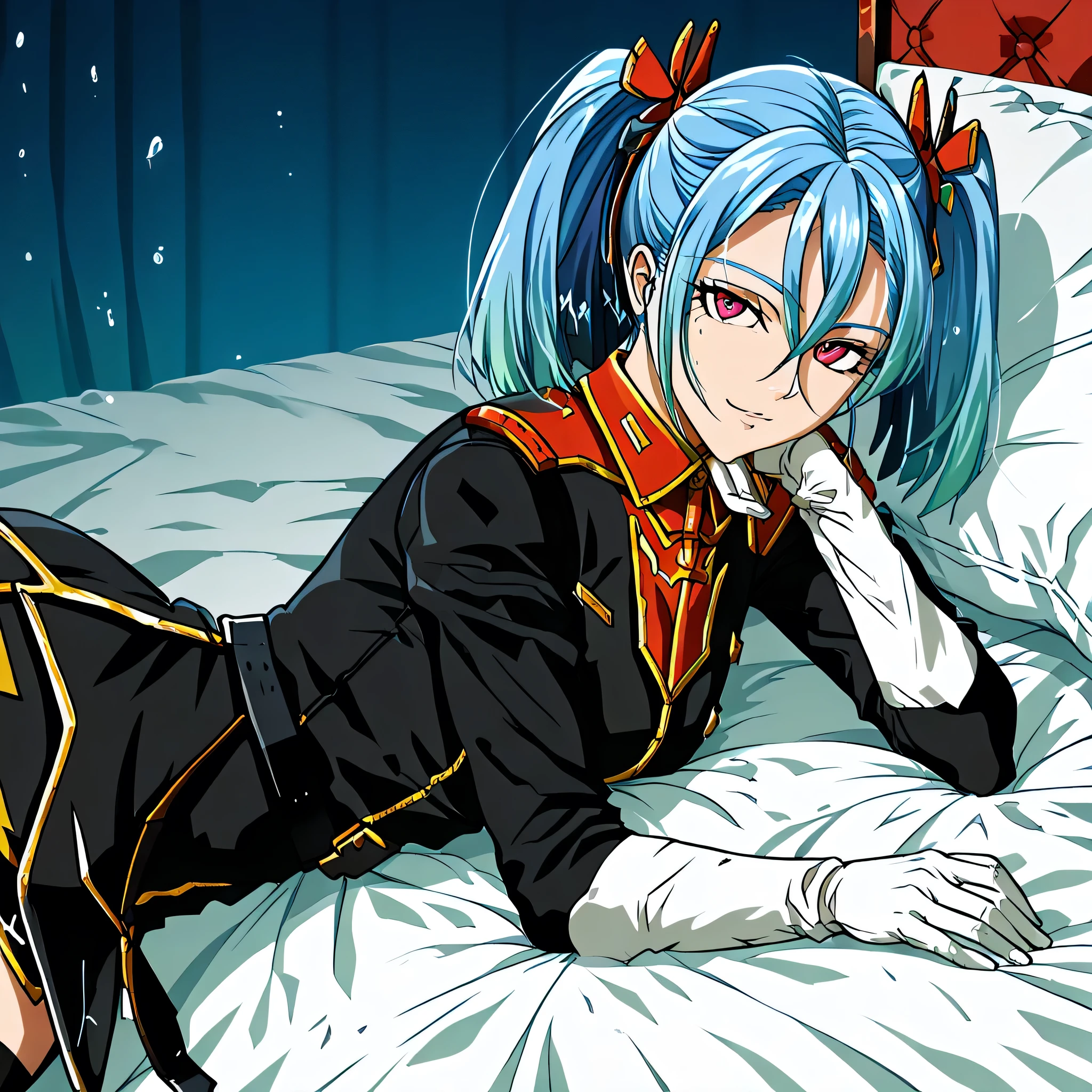 ultra-High resolution, score_9,score_8_up,score_7_up,score_6_up,score_5_up,score_4_up, BREAK, source_anime, anime screencap, uncensored, rating_explicit, Masterpiece, curvy, looking at viewer, (((solo, 1girl))), hair ornament, (((TitanOutfit))), full body, medium breast, AZSRW, blue hair, twin tails, long hair, pink eyes, smile, seductive pose, submissive pose, lying down on bed, looking from side, view from side, from side, lying down, bed, submerged, water background