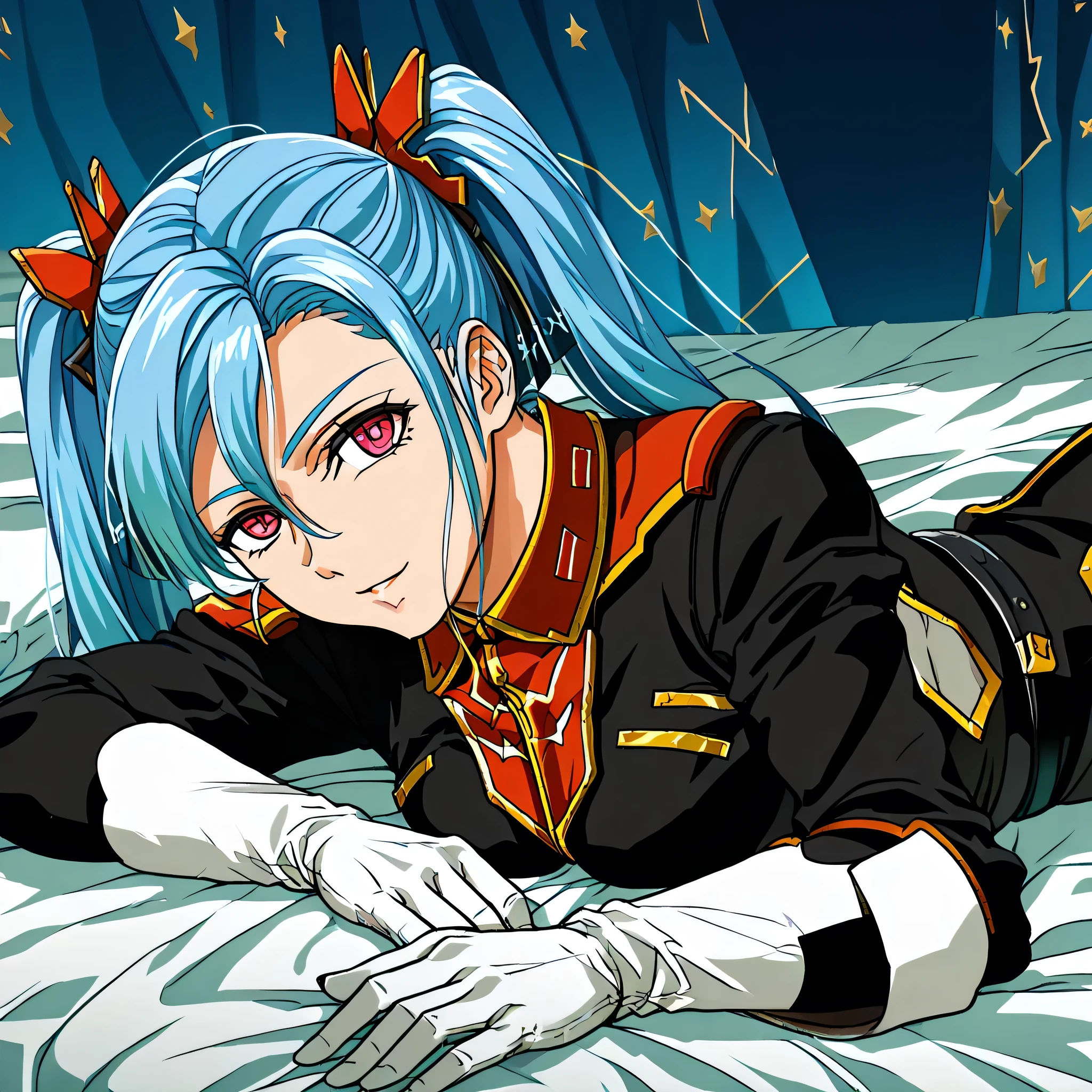 ultra-High resolution, score_9,score_8_up,score_7_up,score_6_up,score_5_up,score_4_up, BREAK, source_anime, anime screencap, uncensored, rating_explicit, Masterpiece, curvy, looking at viewer, (((solo, 1girl))), hair ornament, (((TitanOutfit))), full body, medium breast, AZSRW, blue hair, twin tails, long hair, pink eyes, smile, seductive pose, submissive pose, lying down on bed, looking from side, view from side, from side, lying down, bed, submerged, water background
