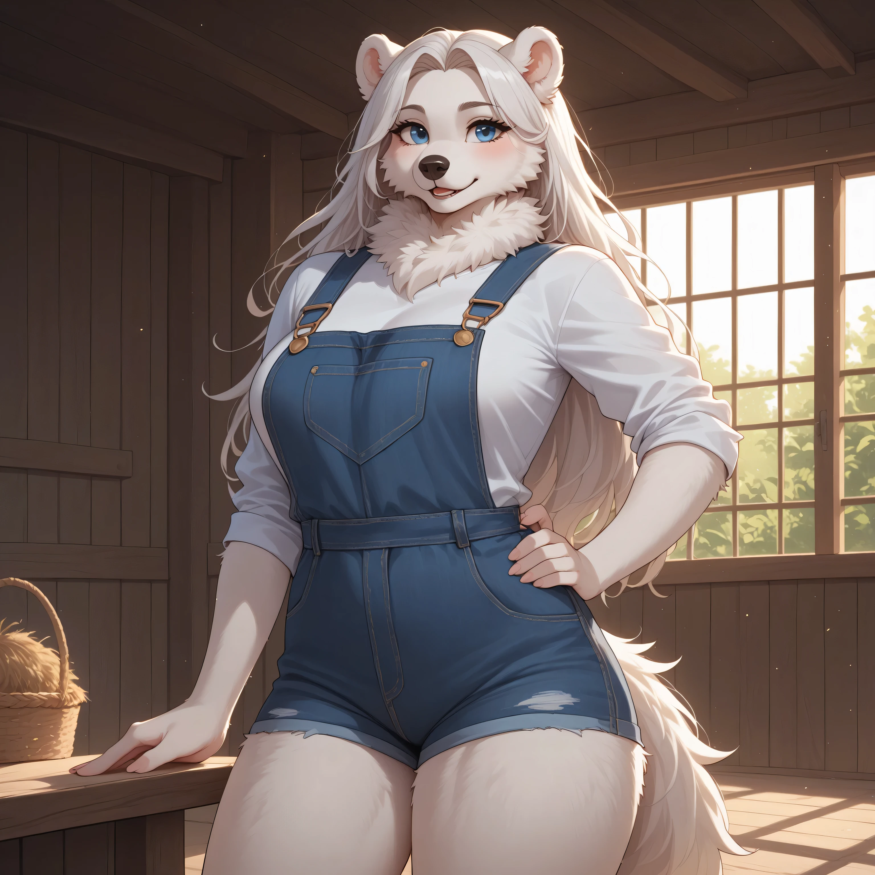 (Masterpiece) (High Detail) (High Res) A short small Polar Bear Anthro Female with White fluffy fur over her body and long white hair and bright blue eyes and a fluffy short bear tail and a curvy body and average breasts. She is wearing denim overalls and is standing in front of a farmhouse. Countryside. Anthro. White Fur. Fluffy. Size difference. Cinematic lighting.