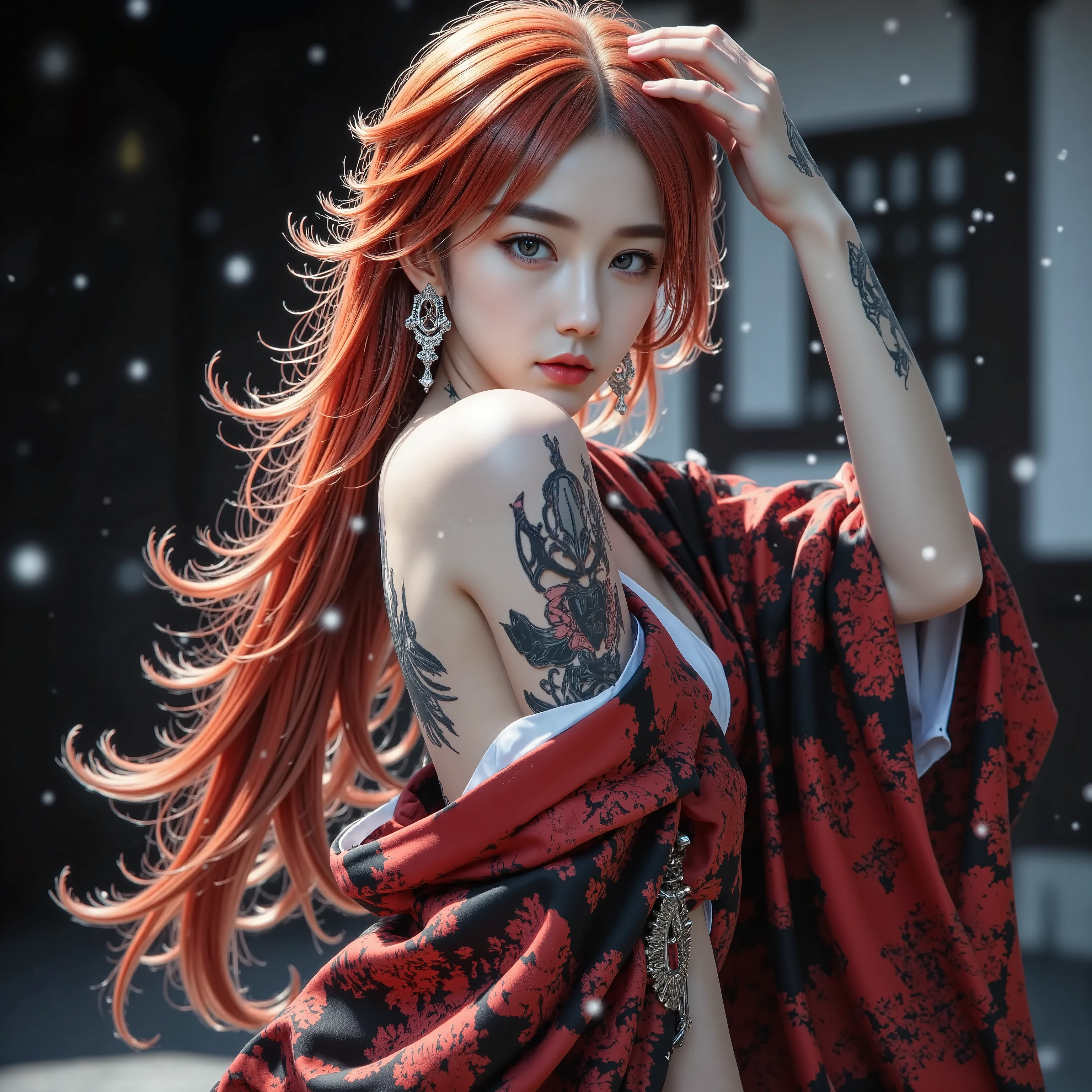 Full body in kimono、Temple Background、A precise Japanese sword with a vermilion blade、Holding a Japanese sword in hand、Unexposed whole body、beautiful fighting poses、The glowing snow is dancing、I'm wearing a detailed red and black kimono with a beautiful pattern、Red Hair、beautiful and perfect earrings、goddess、A beautiful and perfect headdress、 tattoo、Beautiful underwear