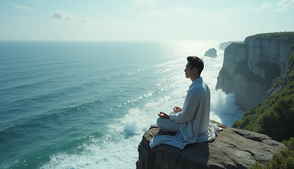 3D view, huge blue lake, a white-skinned man suspended in meditation, with ripples under his feet, a handsome man with a perfect body, perfect abdominal muscles, perfect muscle curves, a handsome man wearing Hanfu (Chinese style, Asian man)