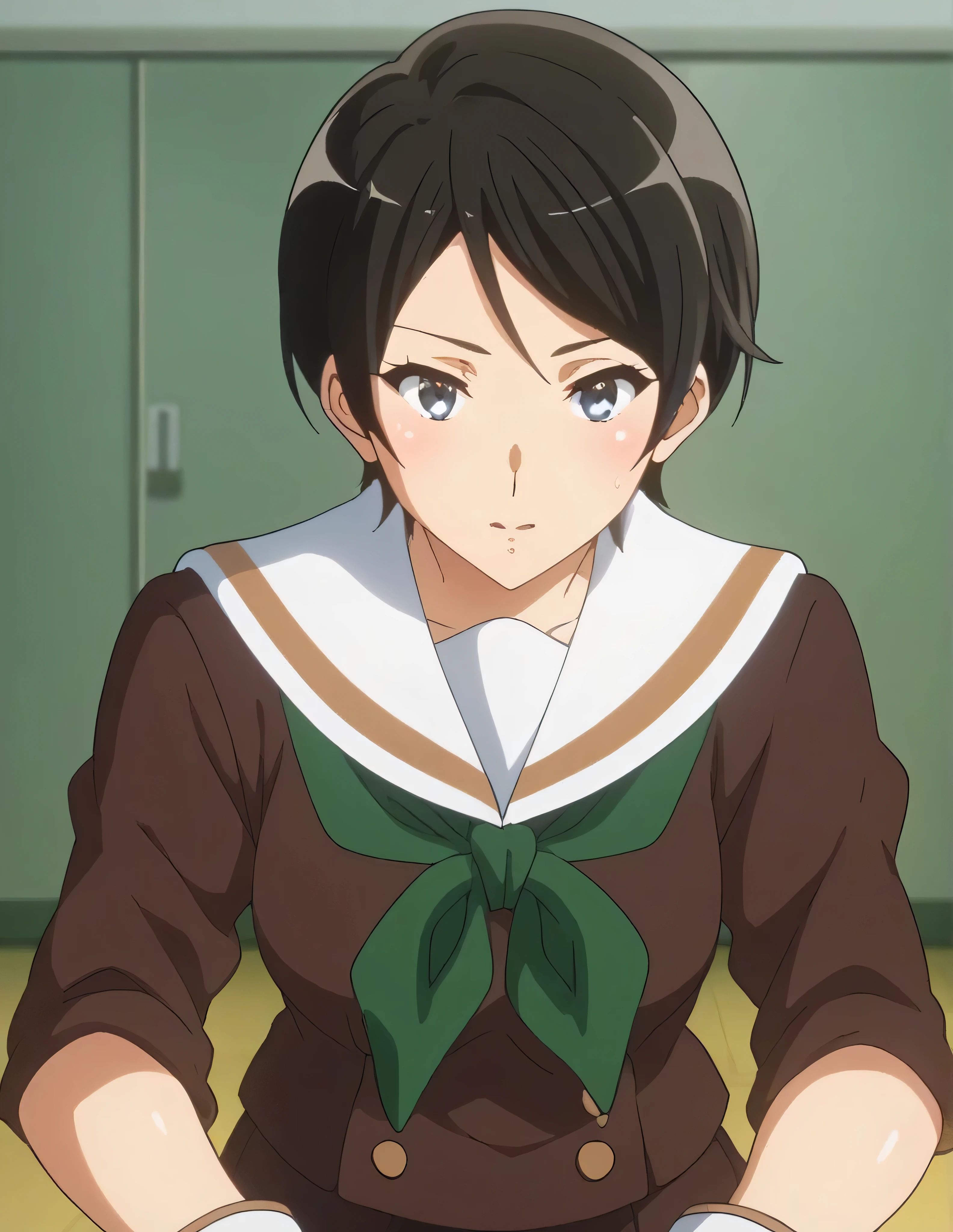score_9, score_8_  up , score_7_  up , score_6_  up , score_5_  up ,   source_anime, rating_safe,  medium , indoor, hospital,   side 1 girl  , alone,  audience , suzuki mirei   ,   short hair ,  Hair between the eyebrows,   blue eyes,   school uniform,   Sera Clothing , Brown uniform,  white sailor color ,    Green Neckerchief ,   Long Sleeve ,  White cuffs ,   brown skirt  ,  pleated skirt,   Black Knee High  ,   loafers ,love affair,Maintaining the Company ,  are dating,  she touches a man's skin  , The Strongest Woman Who Won the Judo Tournament  ,  The Strongest Woman with Strong Blow Speed  ,  Her Smell Smells Like Being Touched by Men and Women,  The Strongest Woman Who Won the Judo Tournament  ,  The Strongest Woman Who Won the Judo Tournament  、 Is It OK to Kiss a Man  、  The Strongest Woman with Strong Stamina  、 She Touches a Man  、  The Strongest Woman with Negotiation Power  、 The Strongest Woman with Strong Mental Strength  、 The Strongest Woman Who Has Been Hit  、  The Strongest Woman Who Won the Judo Tournament  、  The Strongest Woman Who Won the Judo Tournament  、judo 9th dan, the strongest woman、Ninth Dan、The strongest woman who won the judo tournament、A little thick,judo player、judo、Inside the judo Gymnasium、On the tatami、discovery、whole body、rest、Raised in a judo family since hood. 