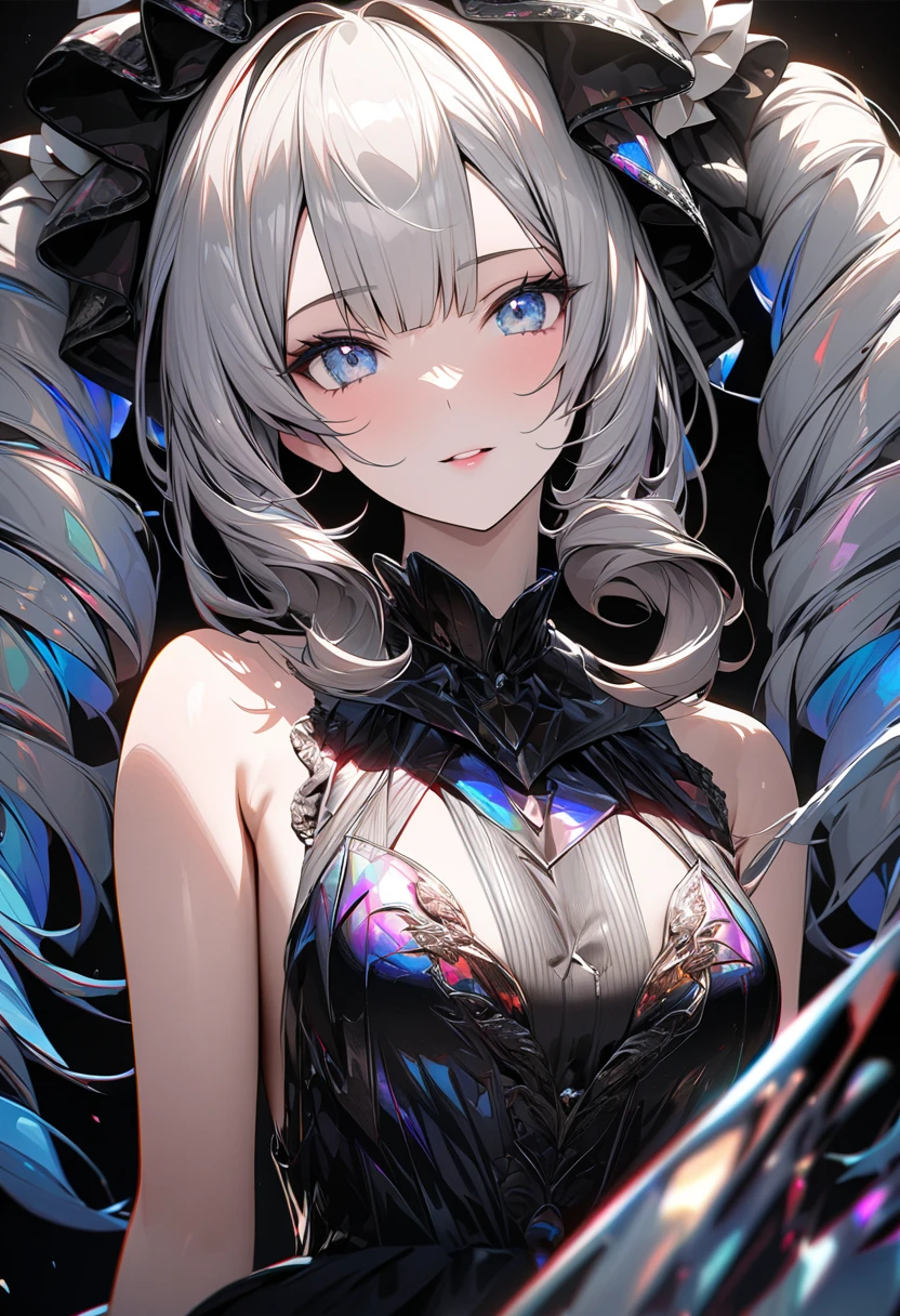 Big Perspective,Wide Angle,Impactful graphics,floating,sideways,Character Close-up,4K,masterpiece,best quality,ruins,(Transparent skirt,black background),Clear,master,Various actions,Full body portrait,portrait,1 female, (Mature),Long face,Pointed face,White long hair,Fairy,gemstone crow,Wings Dress, Mecha,Fairy air,ribbon, diamond, Bare shoulders, crow, Looking at the audience, in the sky, fLight, Vibrant colors, Light, masterpiece, best quality, flight,Mature,asymmetrical clothes,HighLights,Long skirt,Own,Personal Photography