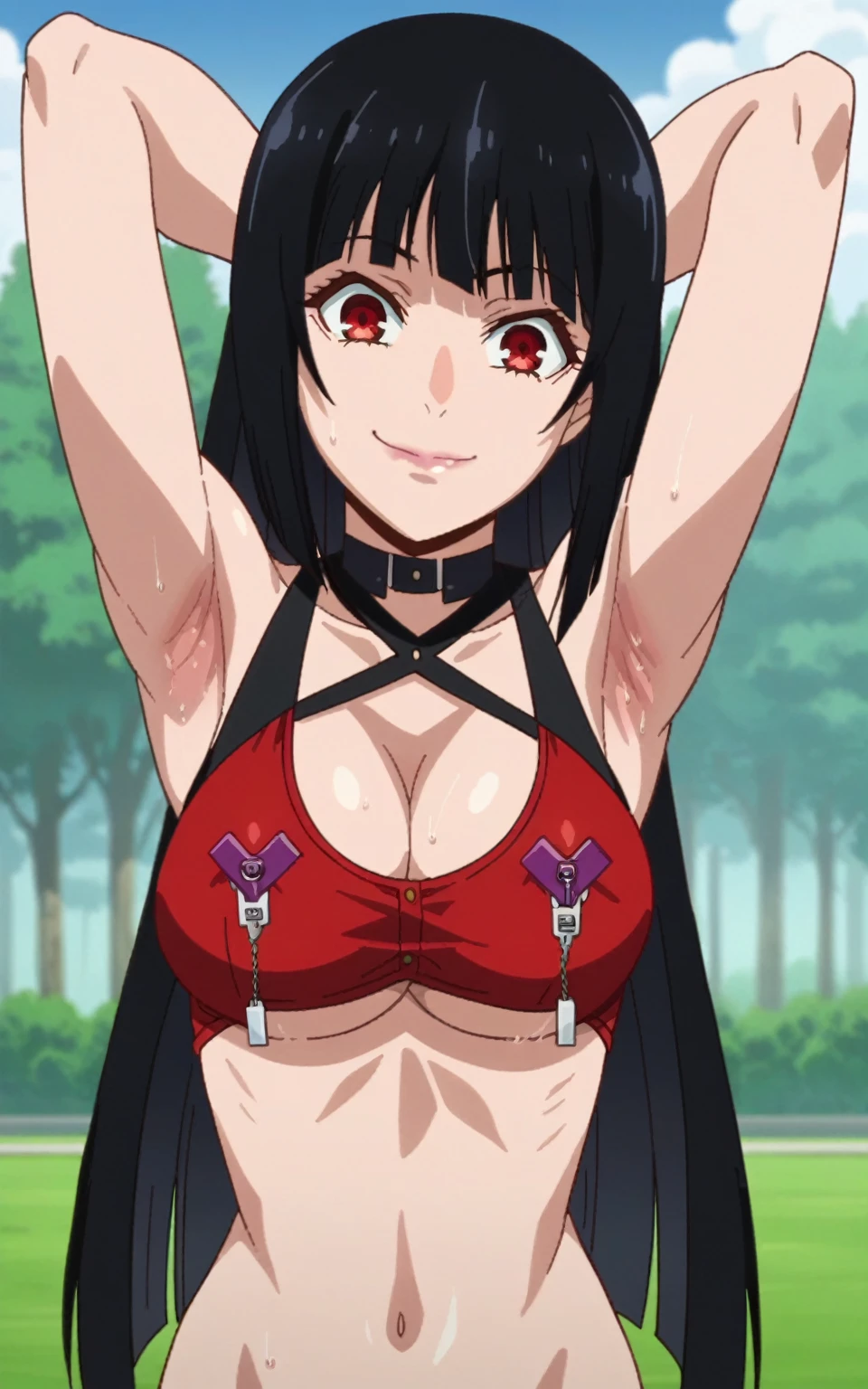 matoi_ryuuko:1.3, bandaid_on_face,1girl, black_hair, multicolored_hair, short_hair, red_hair, serafuku, streaked_hair, midriff, full body, eye patch, sexy, ((Ghislaine Dedoldia outfit)), ((fur-trimmed jacket)), ((green pants)), ((open fly)), (open belt), (bikini top only), red choker