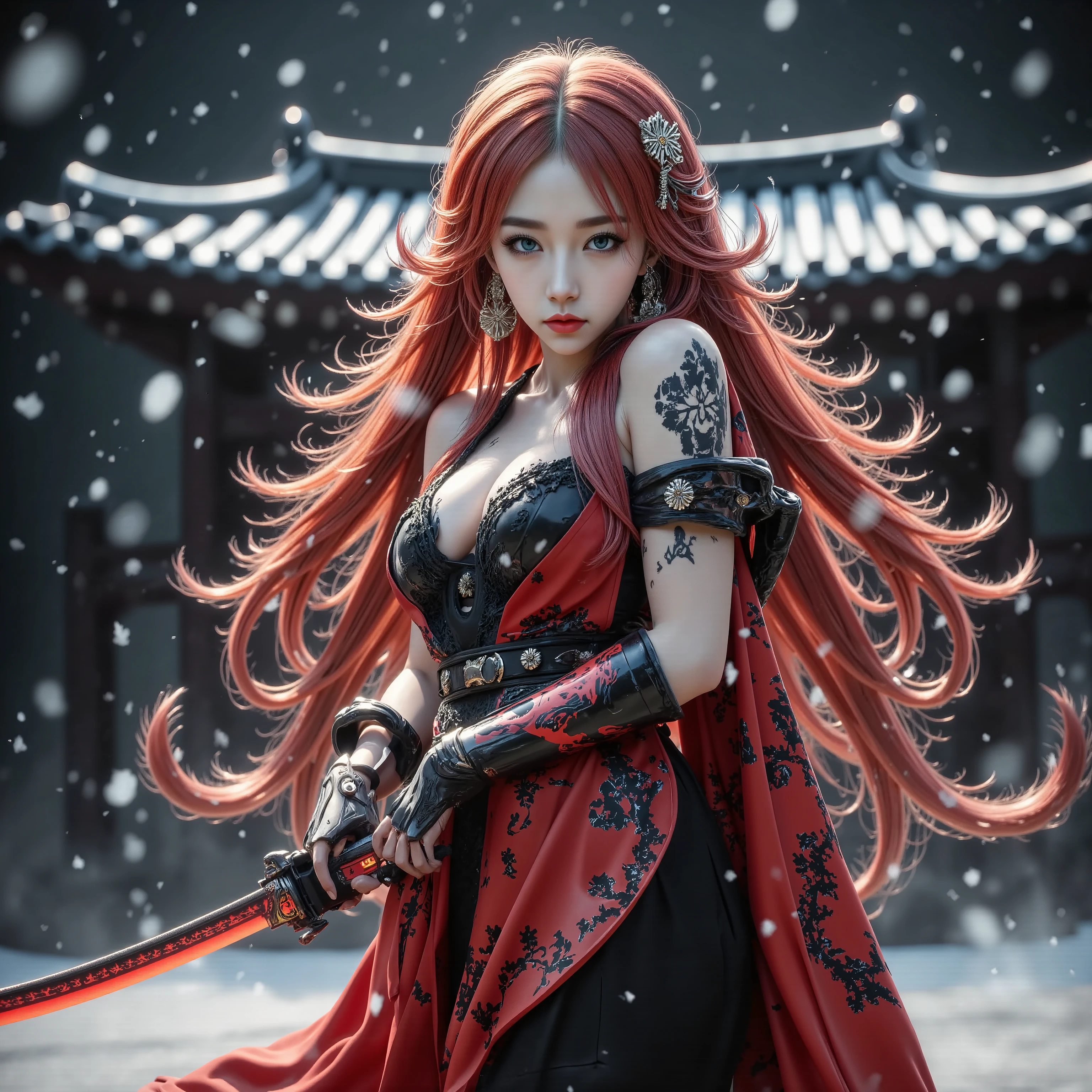 Full body in kimono、Temple Background、A precise Japanese sword with a vermilion blade 、Holding a Japanese sword in hand、Unexposed whole body、beautiful fighting poses、The glowing snow is dancing、 wears a detailed red and black kimono with a beautiful pattern、Red Hair、beautiful and perfect earrings、goddess、A beautiful and perfect headdress、 tattoo、Beautiful underwear