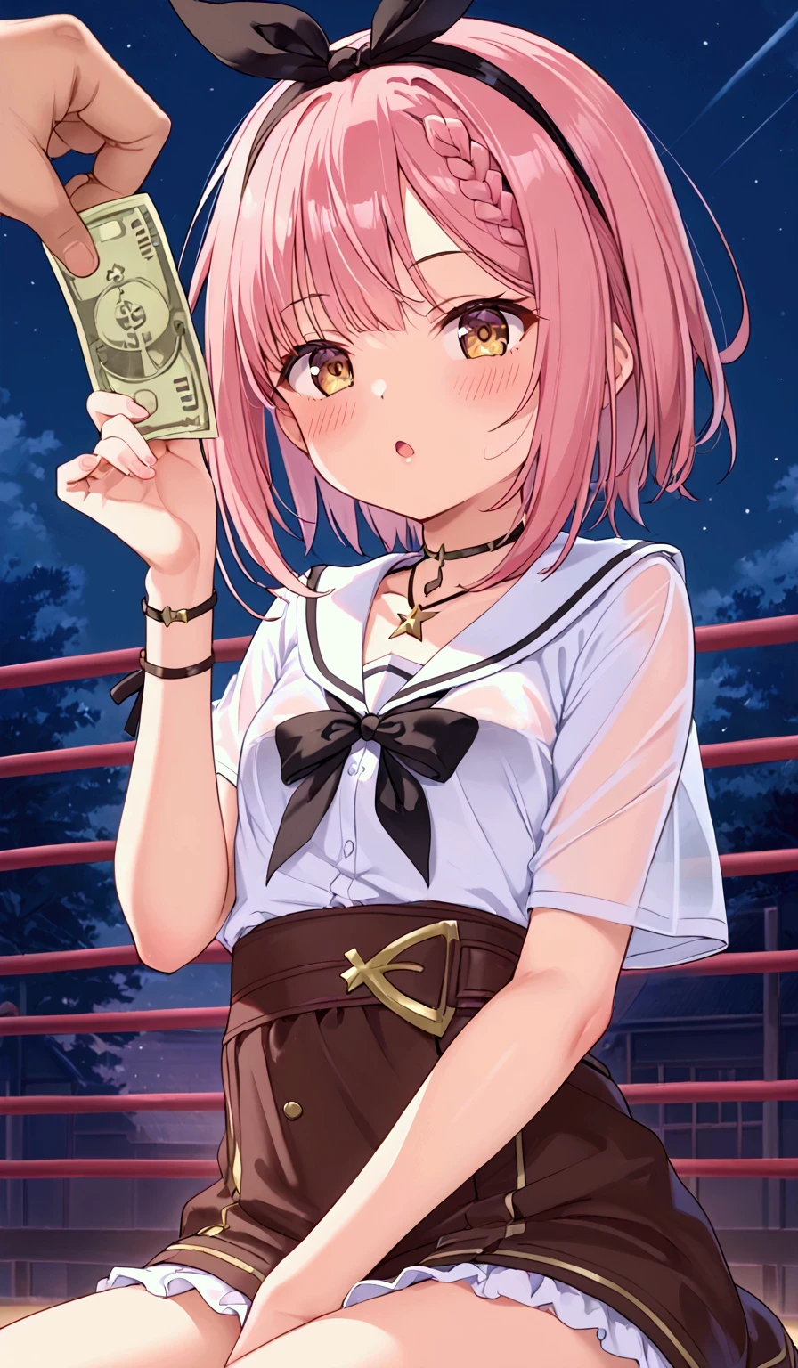 throw, high resolution, (mixed wrestling), girl is victory, girl is winner, (The girl is sitting on a silver fence )、 Very young Liza 、             Atelier Ryza            , (the girl is Dwarf size), four-headed body、((Arrogant attitude))、( mesugaki ), princess、Oversized transparent white t-shirt , the girl is young, short, the girl has small breasts, (very thin waist), Thin arms、slender body, (the girl is cute), pink hair, straight short Hair, The tips of the hair are black、(Lizarin       =Stout ),  Well good, no panty、 choker with star、 headband with dark blue bow, jitome, night,  (Sexy ta       ) , Venus flytrap 、temptation, girl worship、I have money between my fingers、I put one hand on my waist and have money on the other、