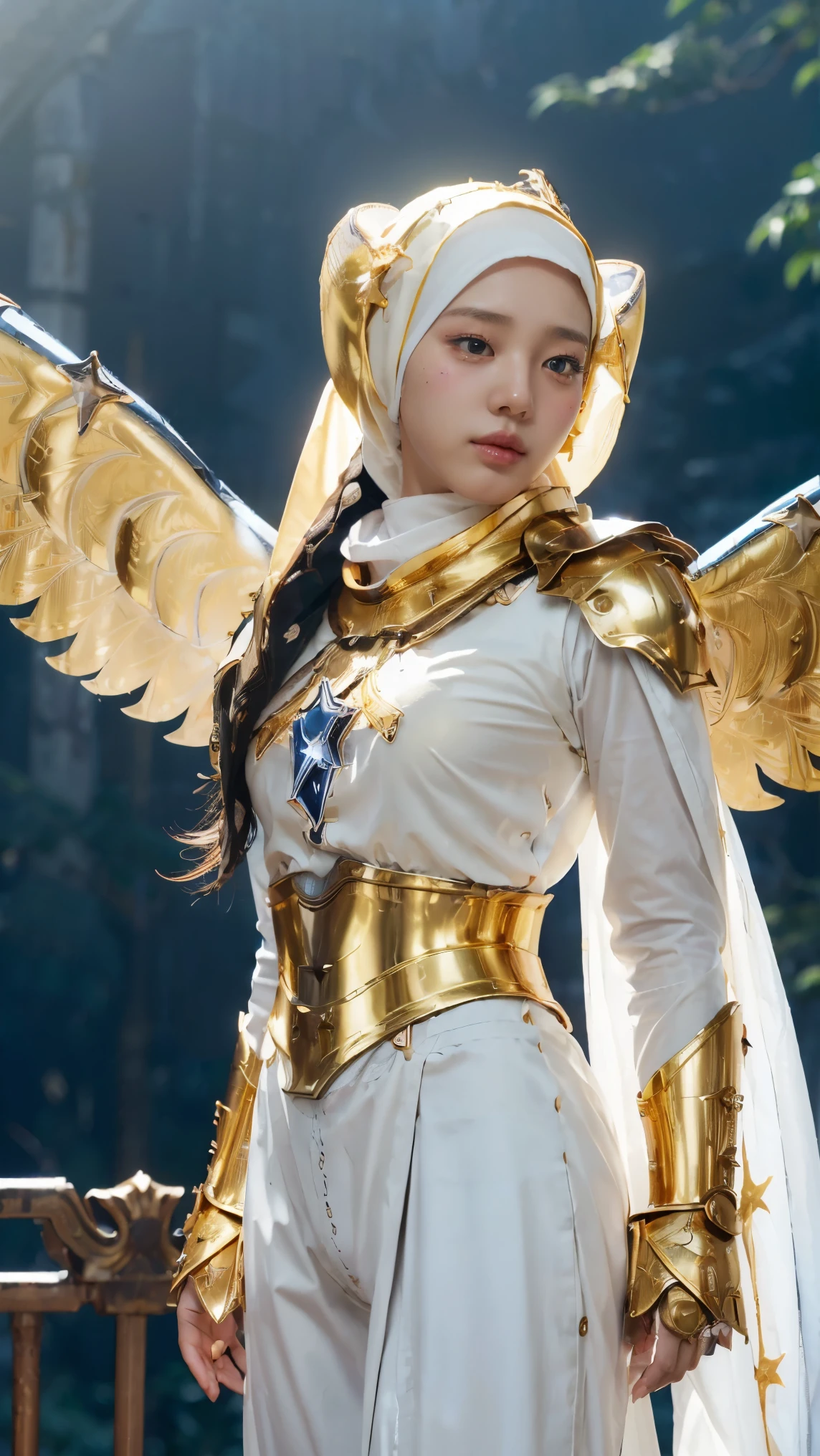 (1 Japan cutes with idol style), ((Top Quality, masterpiece: 1.3)), focusing: 1.2, Perfect body care: 1.4 , (Wearing Hijab:1.2), ((Highly detailed face and skin texture)), Extremely realistic, Ultra detailed, HD, Portrait, 8K, Dressed in white and gold with spread wide big wings, (holding single flaming gold iron swords:1.2), (wearing hijab:1.5), (full iron golden armor:1.5), ornate cosplay, as a mystical valkyrie, the sailor galaxia, beautiful, white and gold priestess robes, anime cosplay, glamourous cosplay, with fiery golden wings, ((full iron trousers armor)), cosplay, professional cosplay, goddess of light, full body angel, cosplayer, perfect makeup, perfect face, beautiful face, beautiful body, arms covered with cloth, thighs covered with cloth, waterfall background, ((body object floating flying in the air:1.2)), foggy, fantasy weather, lightning strikes on either side, dramatic sttudio lighting, The atmosphere looks real, Full body shot, Front angle, ultra realistic, Professional、beautiful detail glow、Depth of bounds written、(((High chroma)))、(((real:1.9)))、((vivid:1.4))、((beautiful skin))、((skin texture))、((Real skin feel))、(((cowboy shot:1.5)))、((Angle seen from the front:1.5)), Front angle shot,