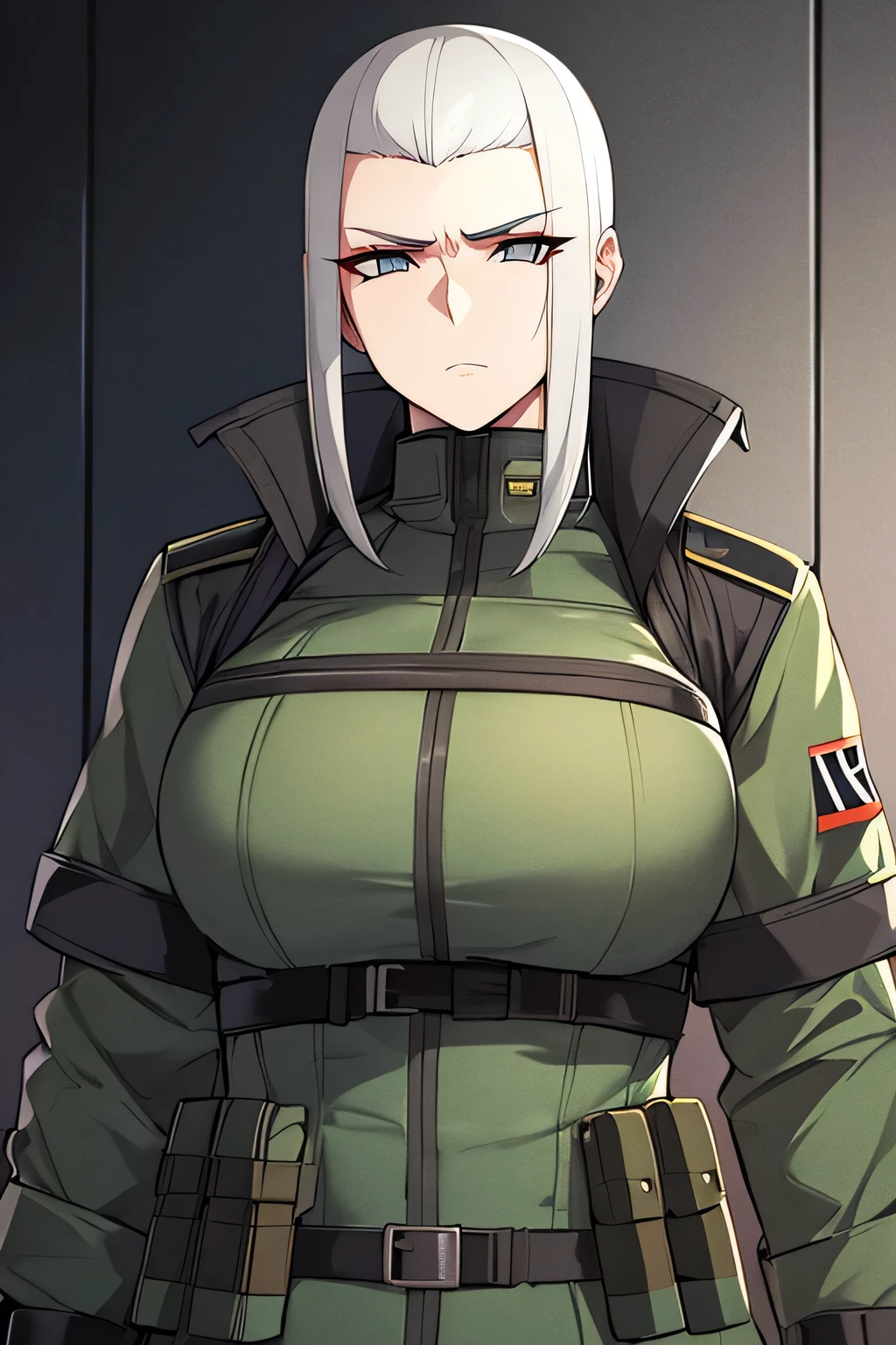 lifelike, high resolution, 1 girl,big breasts，Off the shoulder dress， white hair, Korean, heterochromatic eyes, Little moles under the eyes, Loose navy green shirt, A Gray Sports Shorts, Big breasts, big thighs